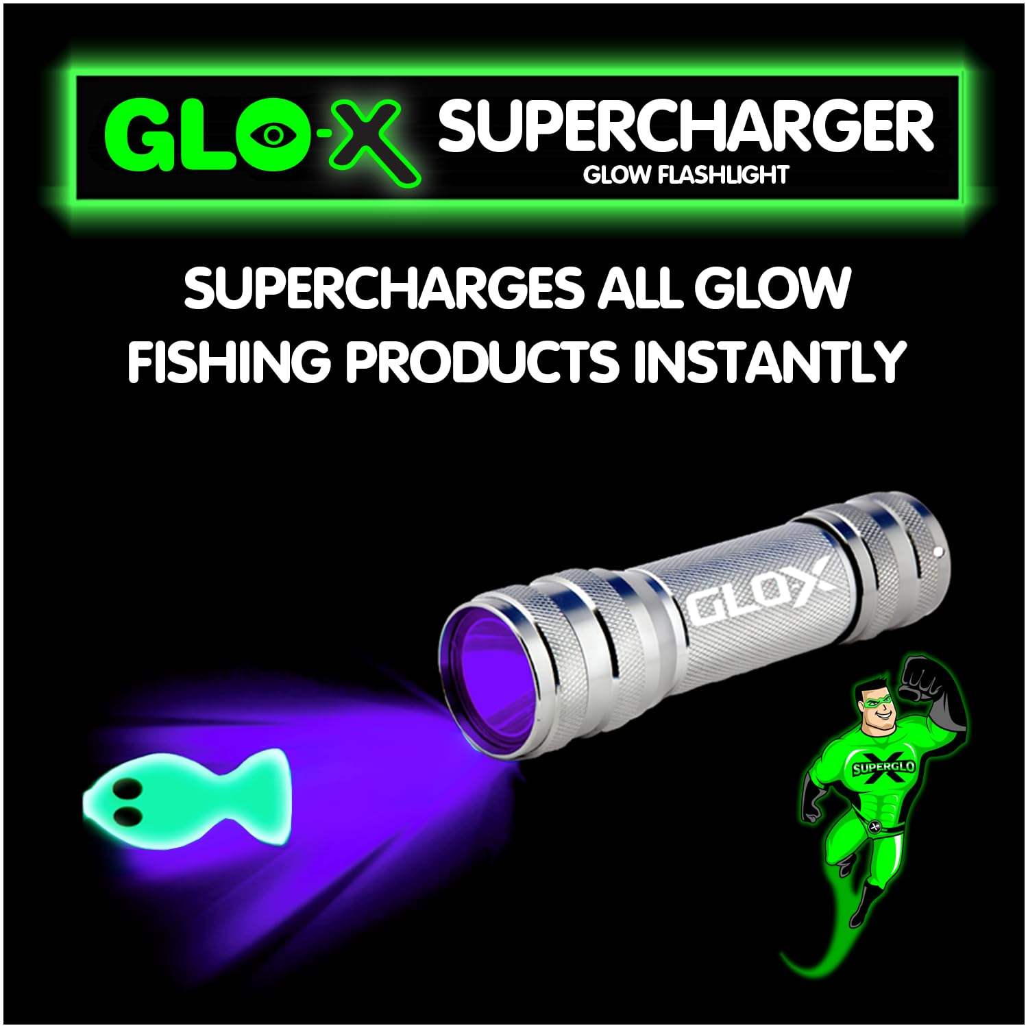 Glo-X Supercharger Uv Black Light Led Flashlight - Powerful High-Intensity Blacklight Charges All Glow In The Dark Products For Glow-In-The-Dark Paint, Charms, Fishing And Camping
