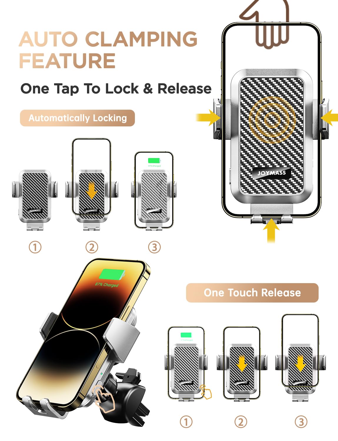 Joymass Wireless Car Charger, Phone Holders For Your Car, 15W Auto Clamping Phone Mount Car Accessories For Iphone 16 15 14 13 12 Mini Pro Max, Samsung Galaxy S24 Ultra S23 S22+ Note 20, Etc - Silver