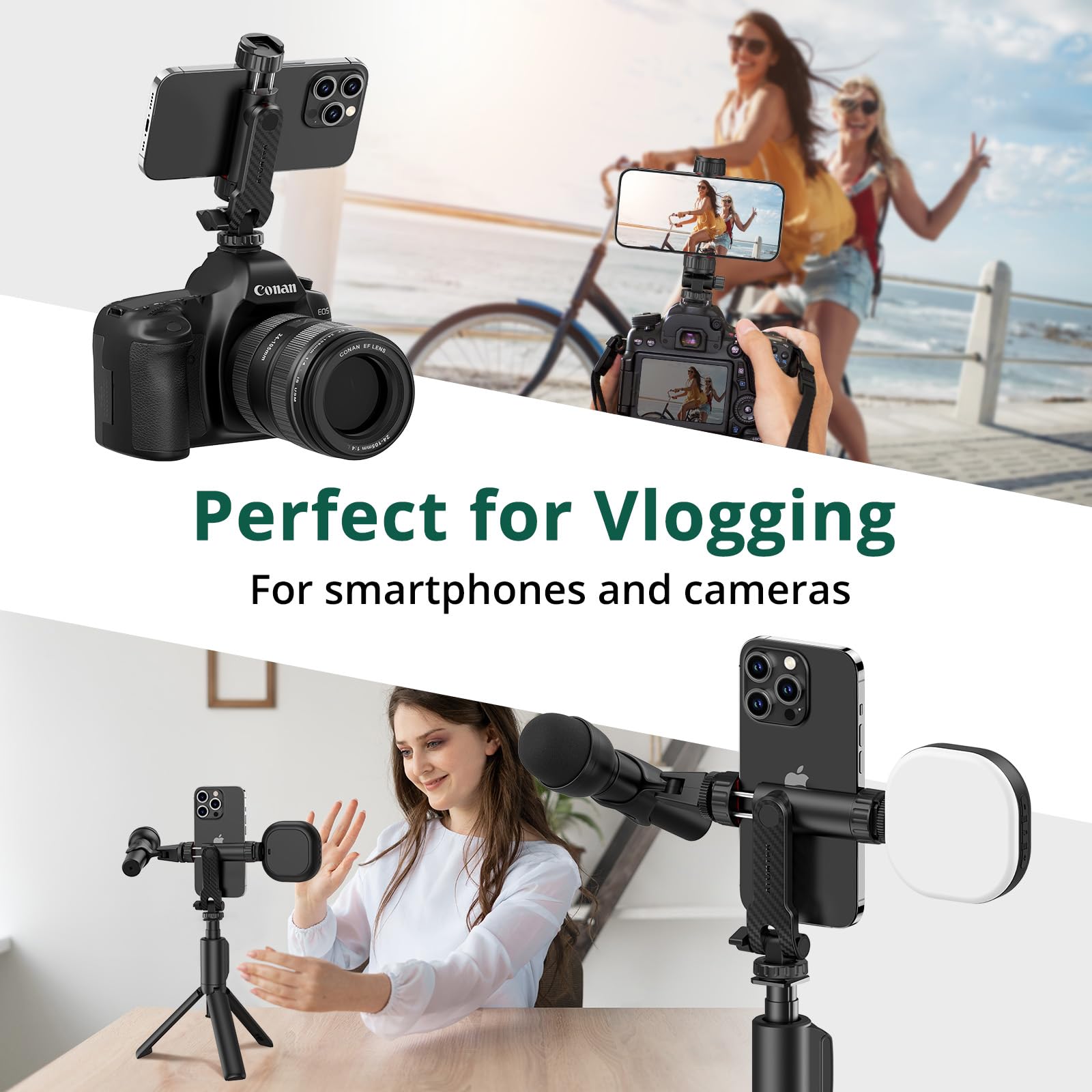 Atumtek Phone Tripod Mount, Universal Smartphone Mount Adapter With 2 Cold Shoe And 1/4" Standard Screw, 360° Rotates And 180° Tilts Adjustable Cell Phone Clamp Holder For Perfect Mobile Photography