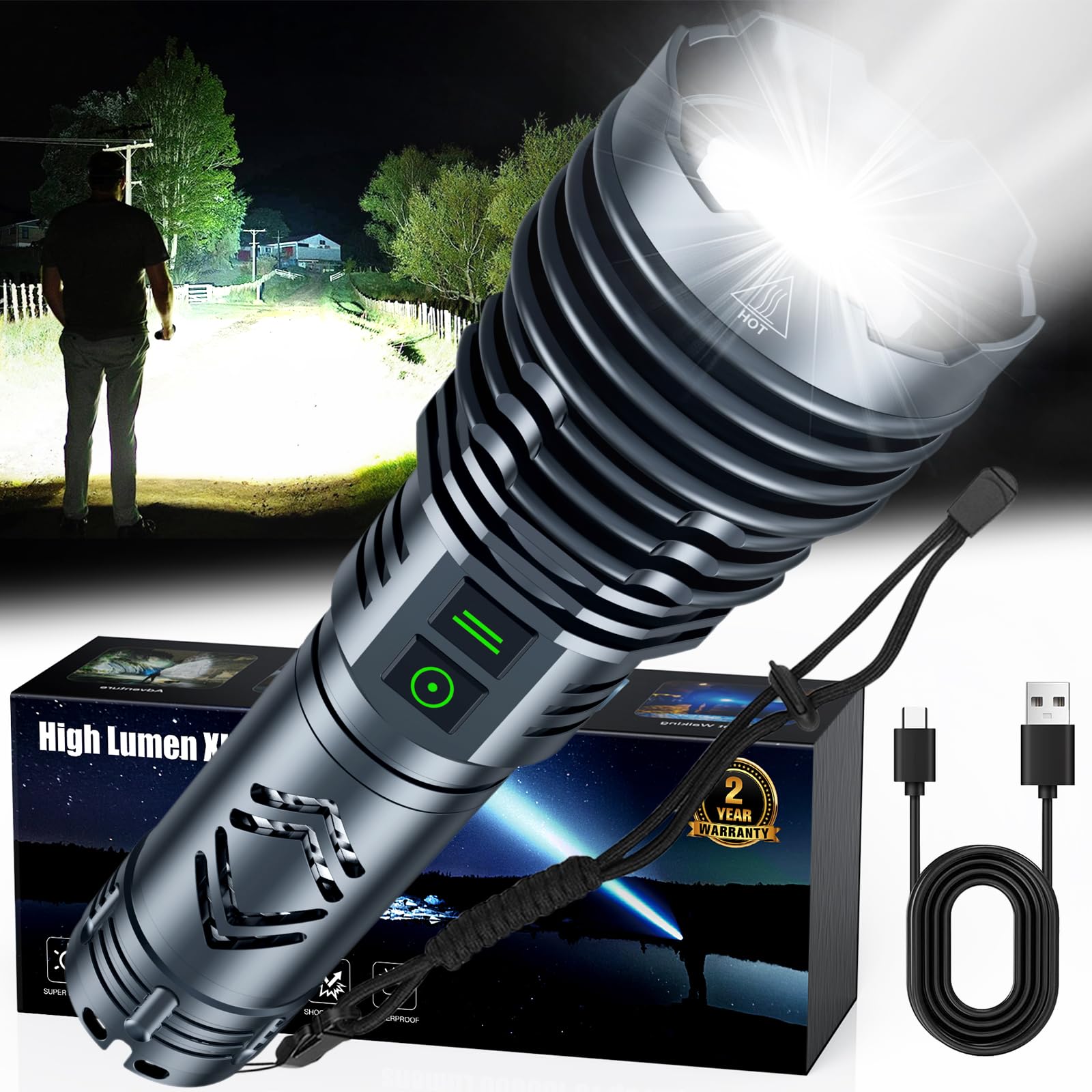 Baibian Rechargeable Flashlights High 1500000Lumens,Super Bright Led Flashlight,Tactical Powerful Waterproof Handheld Flashlights With Zoomable 6Modes,Usb Output&24H Long Life Battery For Emergency Camping