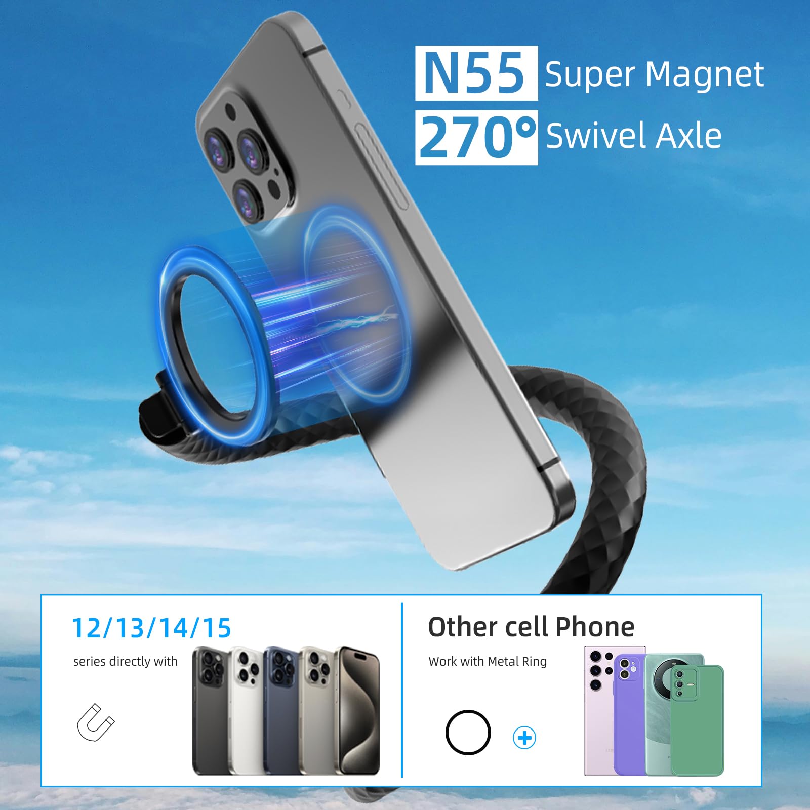 Brdrc Magnetic Phone Flexible Clamp Mount For Iphone 16/15/14/13/12, Gooseneck Magnet Phone Holder Tripod Stand Neck Holder Selfie Stick Pole For Gopro 13/12/11/10/9 Action 5 Pro Camera Accessroies