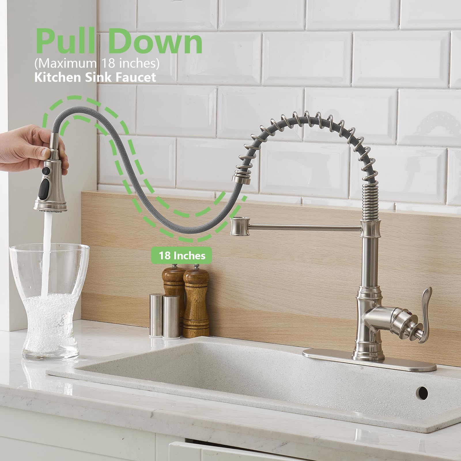 Bathlavish Pull Down Kitchen Faucet With Sprayer Brushed Nickel Bar Sink Farmhouse Single Handle 3-Mode Outlet Solid Brass Brush Pull Out Mixer Tap Commercial With 10-Inch Hole Cover Plate