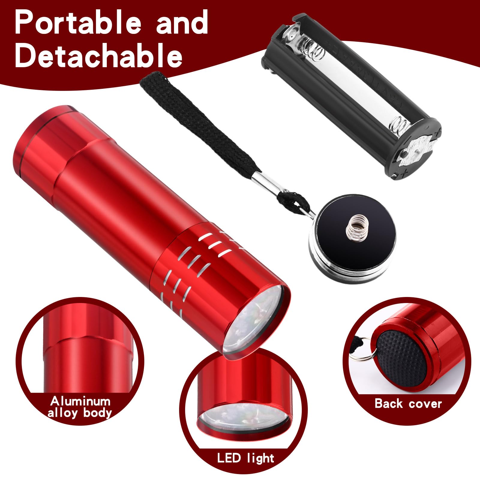 Riakrum 12 Pieces Blacklight Flashlights Led Uv Handheld Mini Light Flashlight Small Portable Detector 395Nm 9 Led Light, Not Included Battery(Red)
