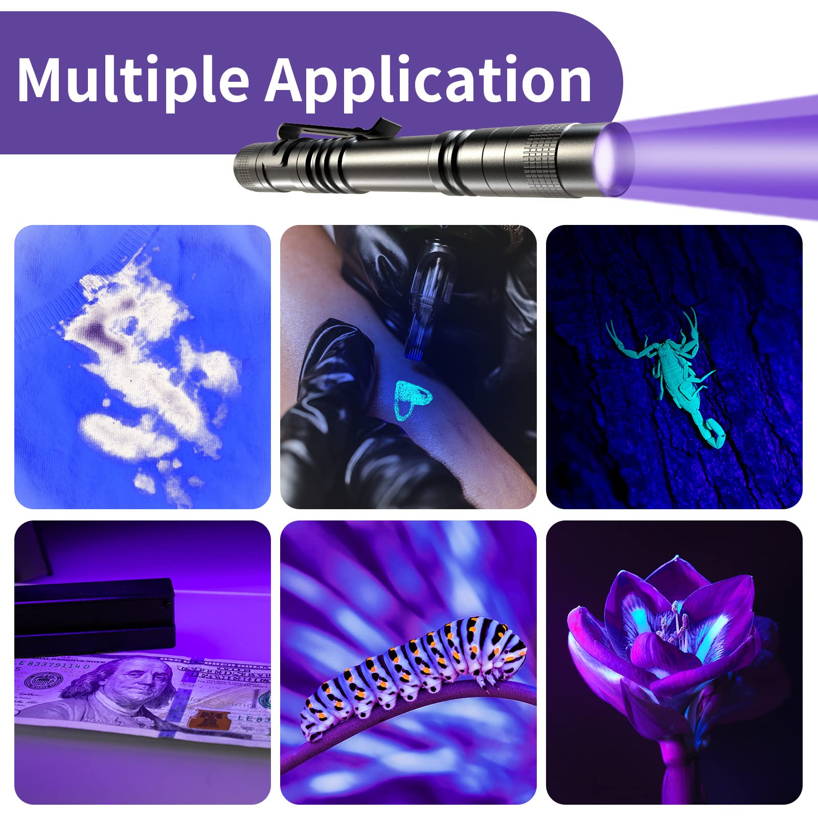 Cosoos 2 Uv Black Light Flashlight, 2 Pack 395Nm Mini Pen Light With Clip, Waterproof Ultraviolet Flashlight For Leak, Pet Urine, Scorpion, Hotel Inspection, Dry Stain And Bed Bug.