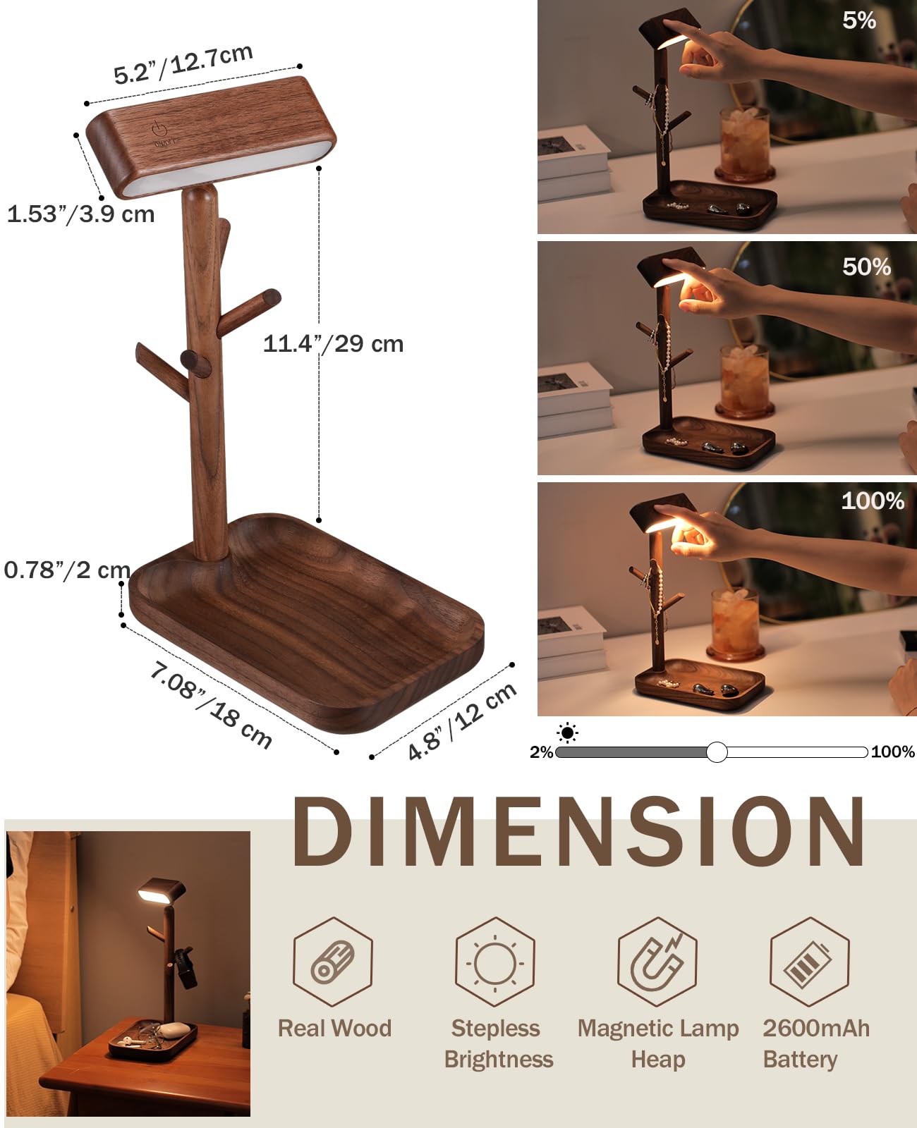 Vadifula Wooden Table Lamp Tree Trunk Wood Column Rechargeable Led Desk Lamps Magnetic 360°Rotate Battery Powered Wall Night Lights For Bedside Living Edge Table (Black Walnut)