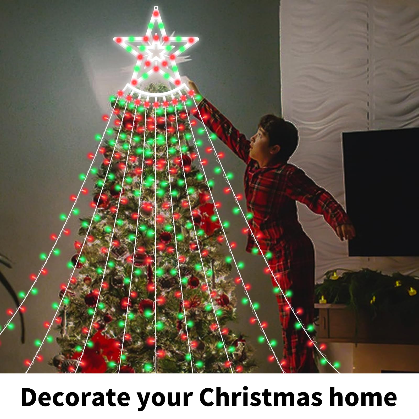 Vtznoj 350 Led Christmas Decorations Star String Lights Waterproof Waterfall Starlights 8 Light Modes Remote & Timer,Waterproof Seasonal Lighting Decor For Home Xmas Tree Yard Wedding Party (Red&Green)