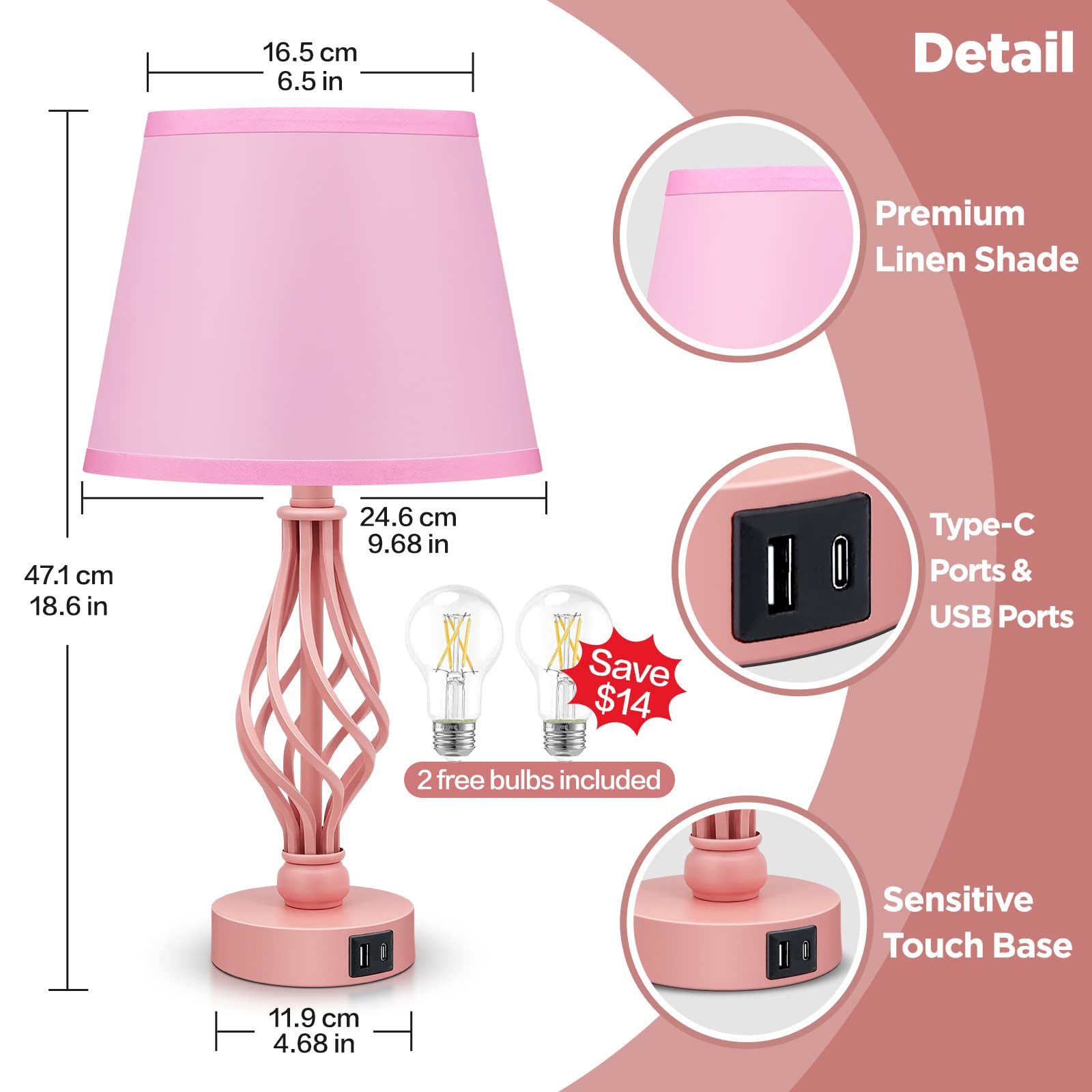 Wiomonrew Touch Table Bedside Lamps Set Of 2, Nightstand Bedside Nightstand Lamps With Usb Type-C Ports, Girls Desk Lamp For Living Room Bedroom Side Table (Pink)