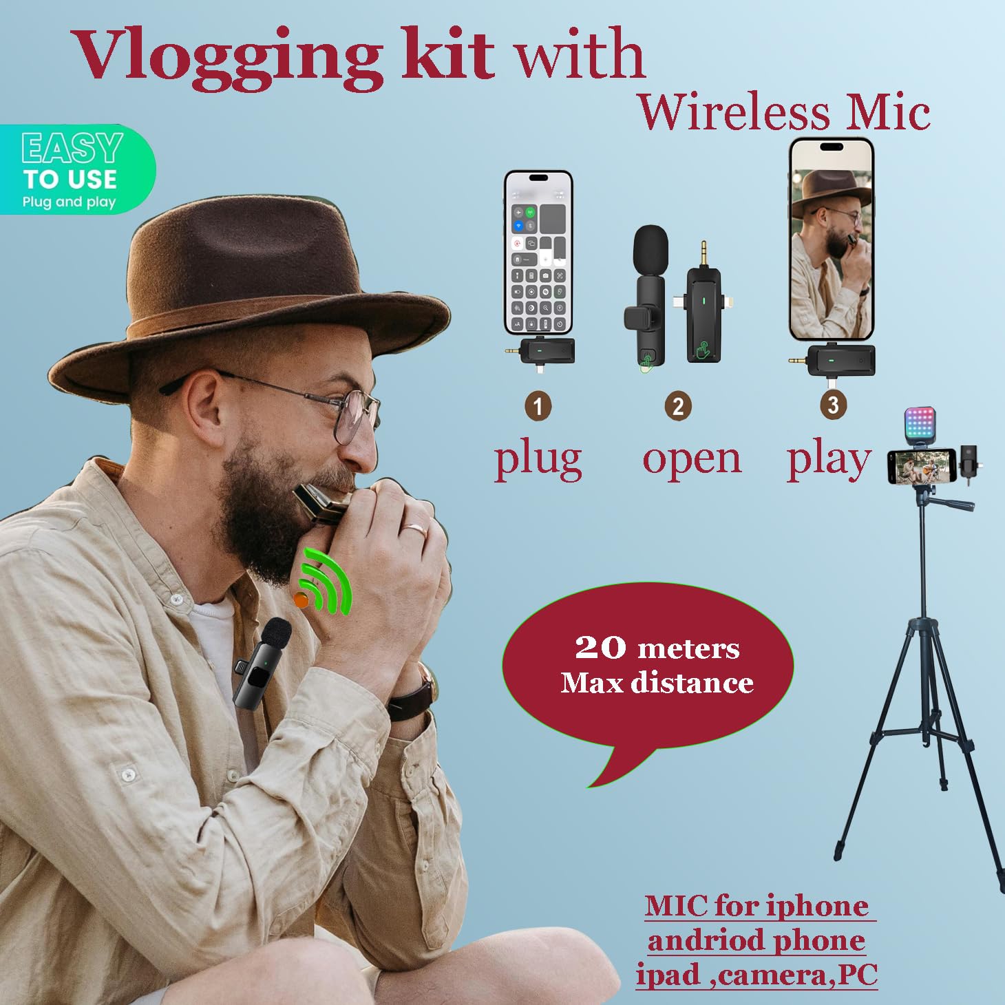 Litchitech Vlogging Kit For Iphone,Vlogging Kit For Andriod Phone, Content Creator Essentials,Youtube Starter Kit With Tripod 60" / Multiple Holders/Rgb Light/Lavalier Mic/Remote