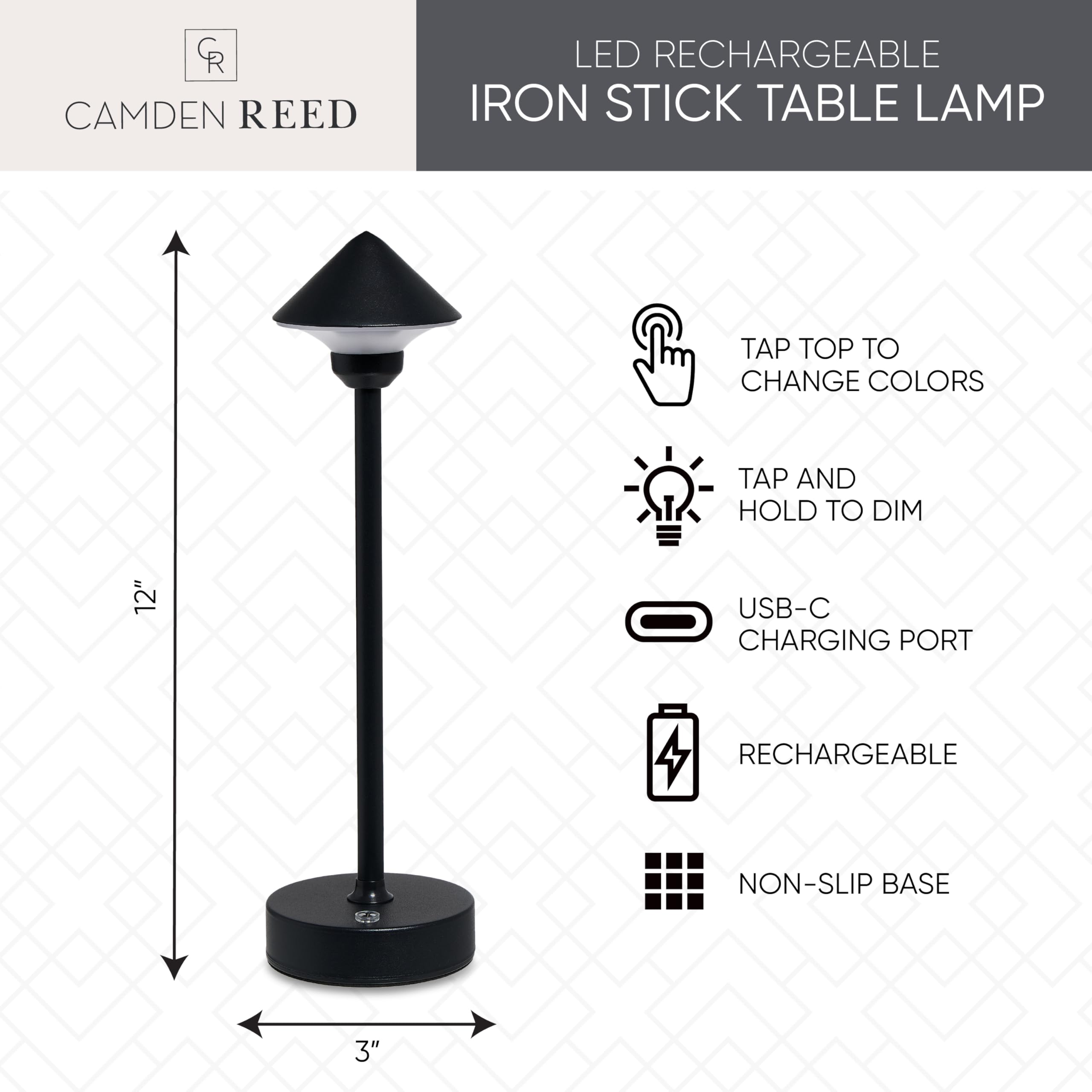Camden Reed Table Lamp, Desk Lamp, 3 Different Lighting Modes, Modern Minimal Design For Dinner/Coffee Table/Restaurant/Bedroom, Cone Black