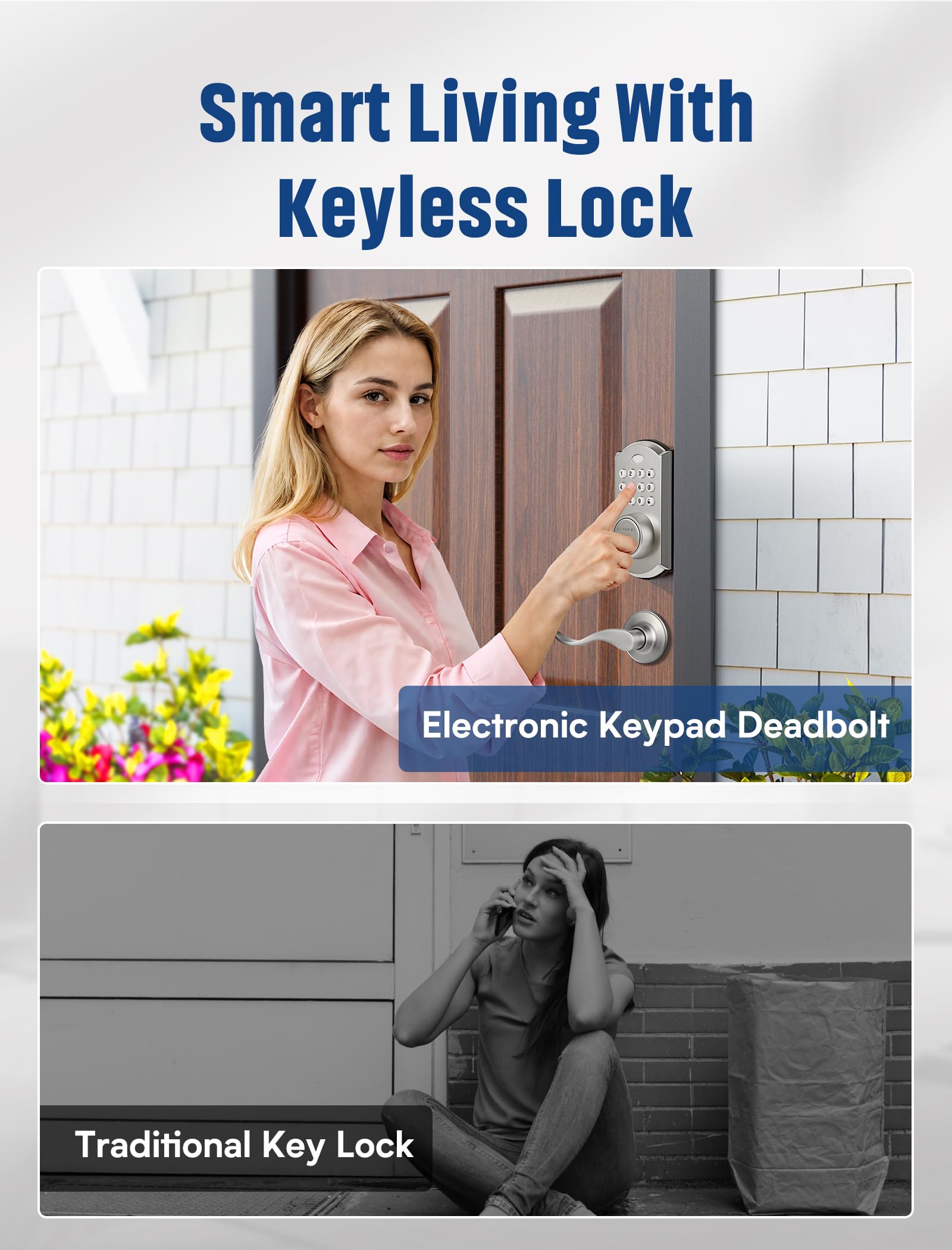 Elamor M19 Keyless Entry Door Lock With 2 Lever Handles, Auto Lock, 50 User Codes, Easy-To-Install Smart Door Lock For Front Door, Waterproof Security Handle Set, Home/Hotel Use, Sand Nickel