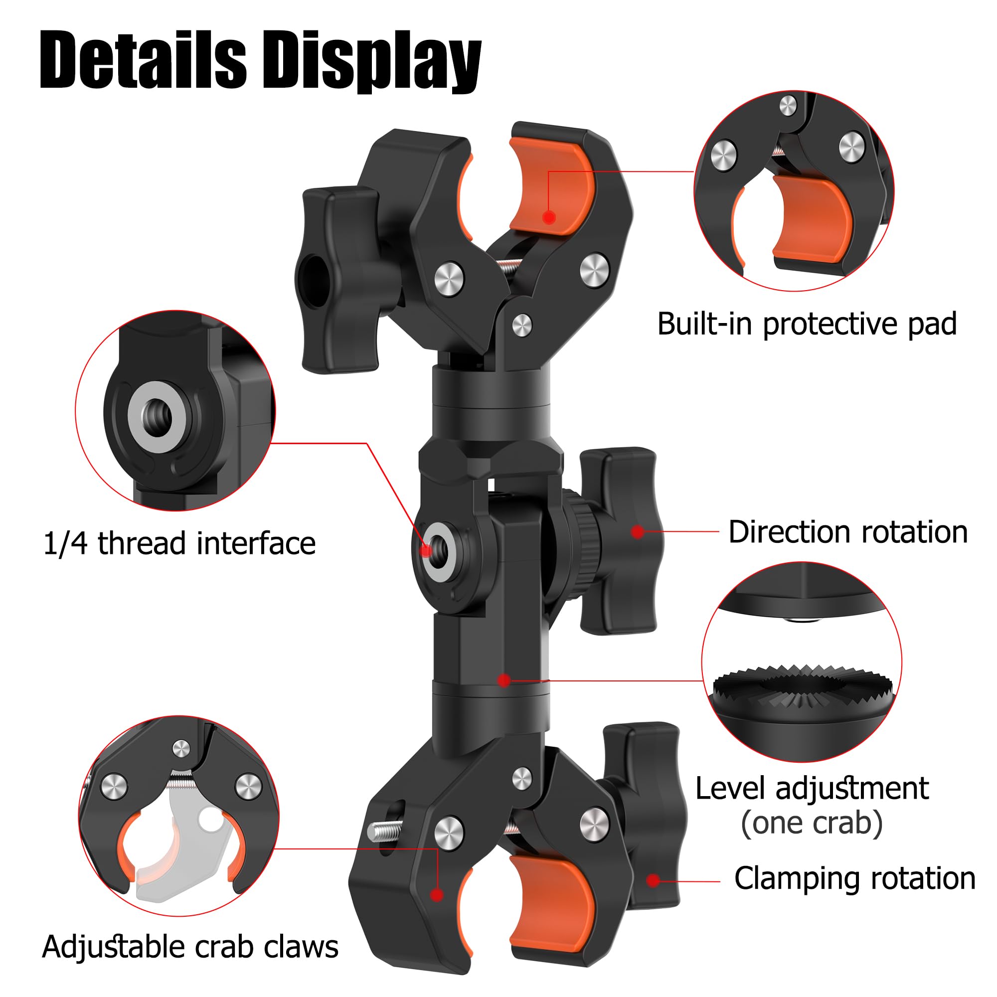 Rgbtek Double Clamp Mount Bracket Magic Arm With 1/4" Screw Interface, Double Camera Clamp For Umbrella Clamp, Photo Studio Light Stand, Bike, Motorcycle, Pole, Cross Bars, Chair, Photography Reflector, Flag