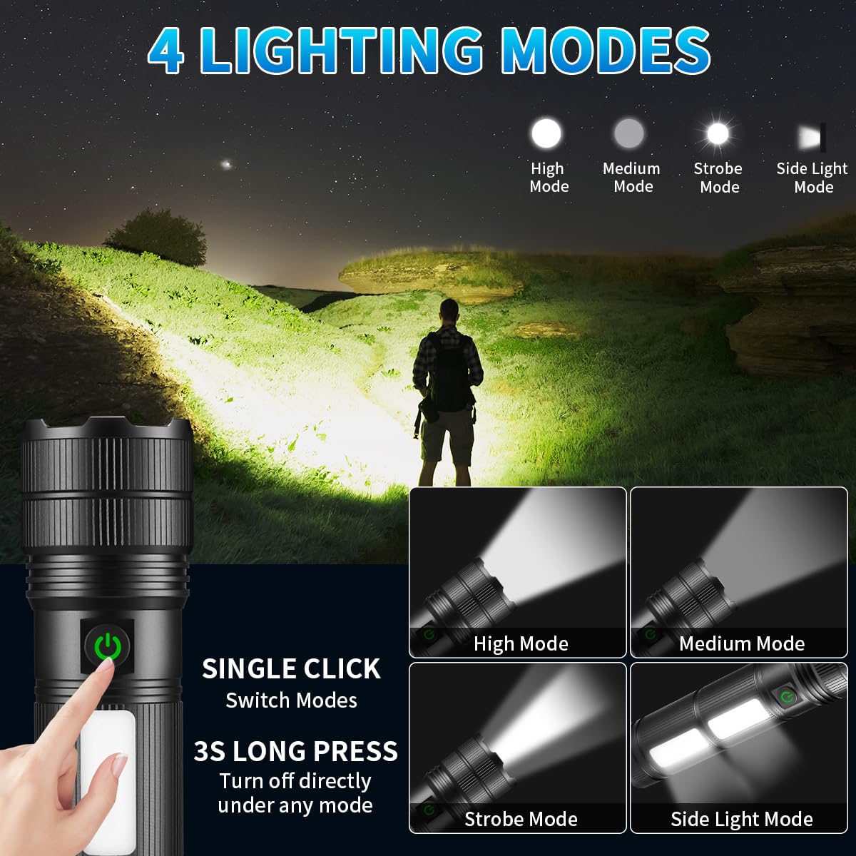 Kyekio Large Size & High Powered Flashlight, Flashlights High Lumens, Super Bright Flashlight, Rechargeable Flashlights Led, Adjustable Utility Flash Light, Waterproof Flash Light For Home Emergency