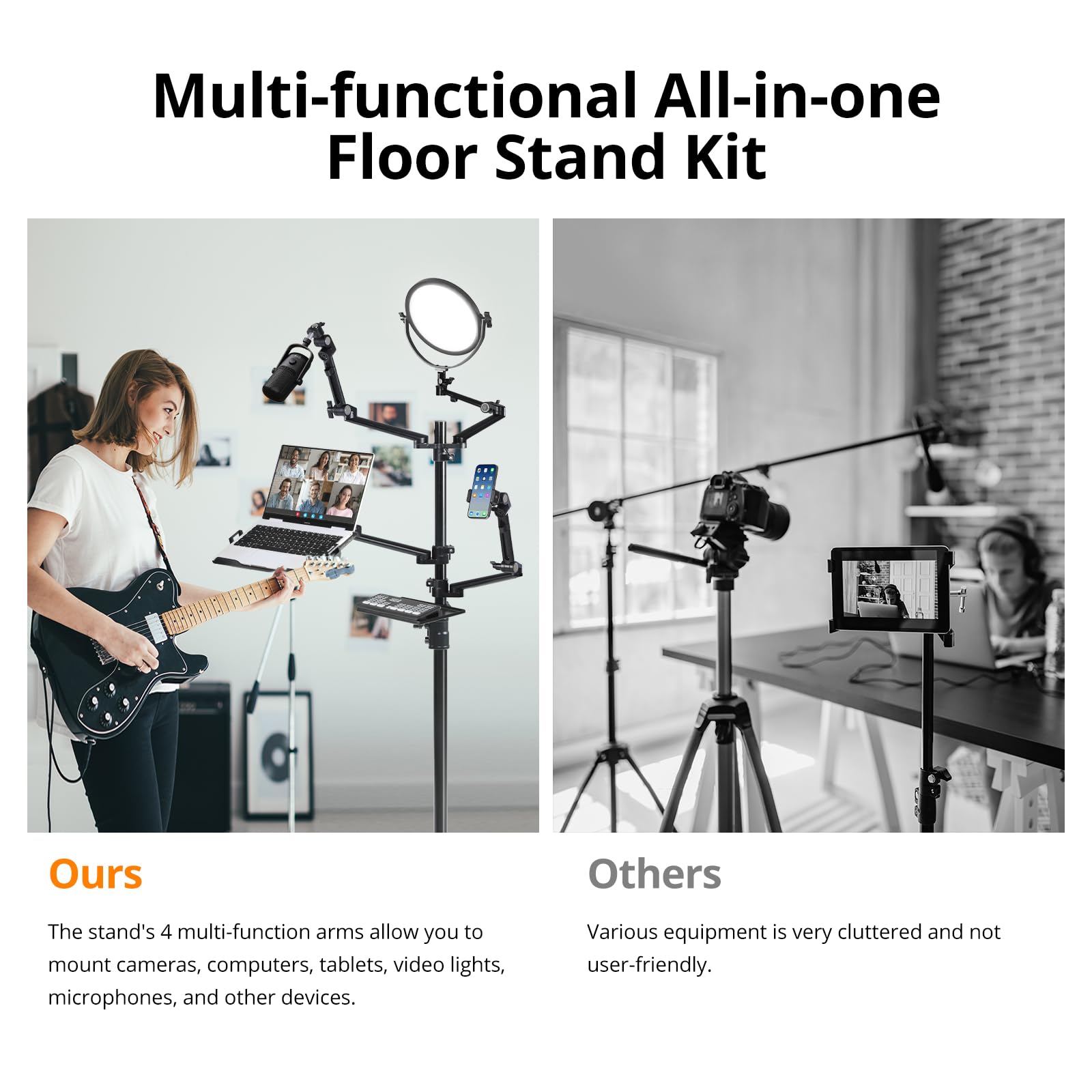 Gvm 5-In-1 Movable Live Streaming Floor Stand Kit With Wheels, Overhead Camera Mount With 10" Led Key Light/Mic Boom Arm/Tablet Laptop Phone Stand/Tray For Live Broadcast Podcast Video Recording Game