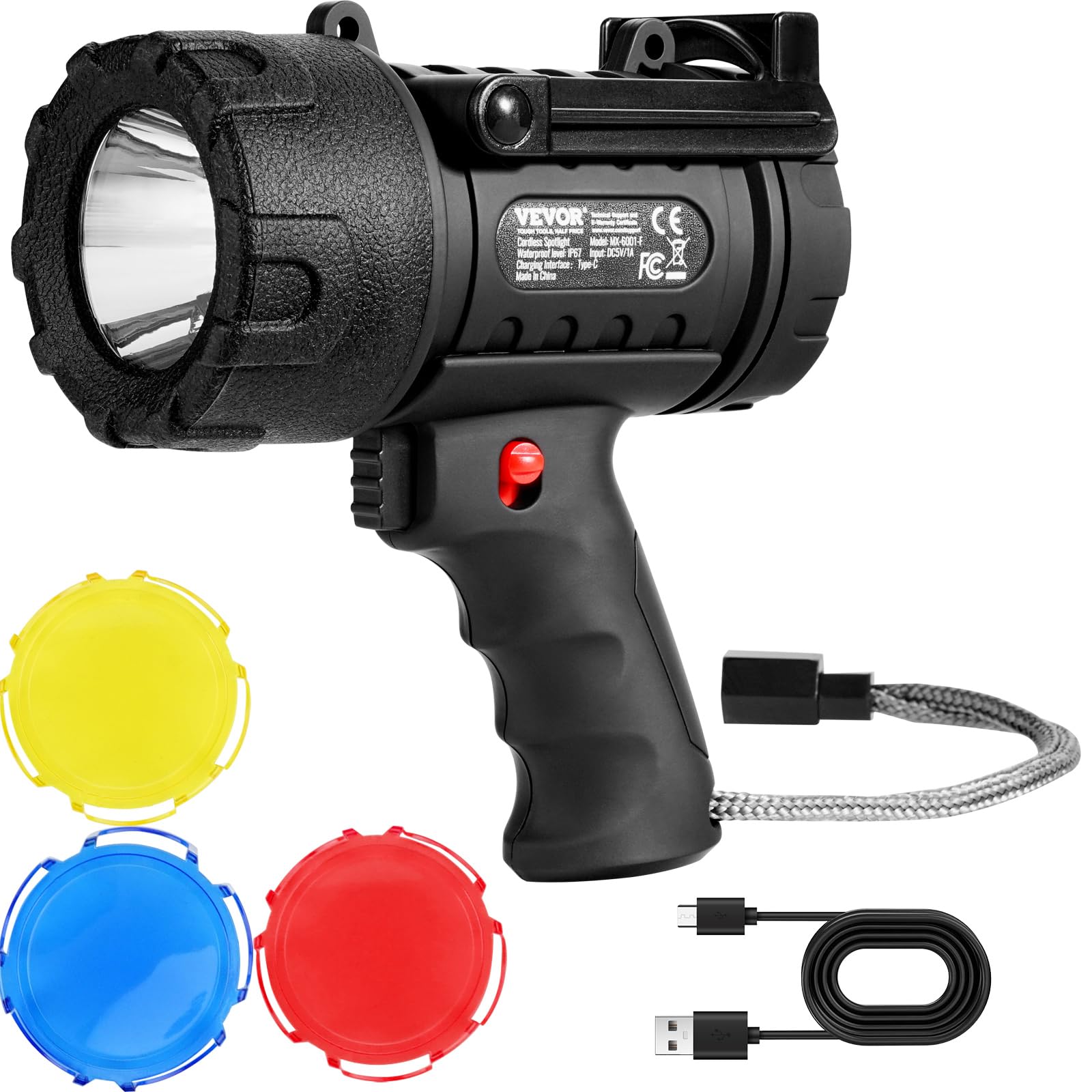 Vevor Rechargeable Spotlight Flashlight, 200,000 Lumens, Ip67 Waterproof Handheld Led Spot Light, Super Bright Portable Searchlight With 4 Modes Detachable Lens Usb Port, For Hunting Boating Camping