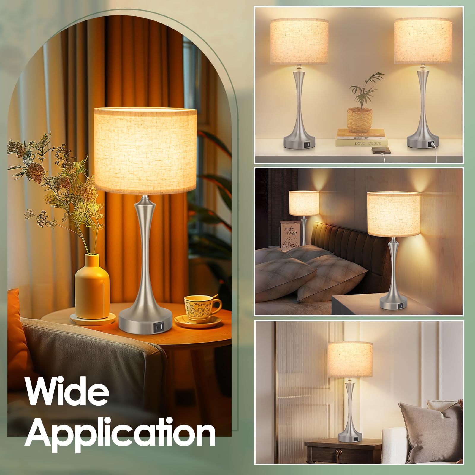 Ggoying 22” Touch Control Table Lamp Set Of 2, 3 Way Dimmable Nightstand Lamp With Usb A+C Ports, 3000K Led Bulbs, Fabric Lampshade Brush Nickel Bedside Lamp For Bedroom, Silver