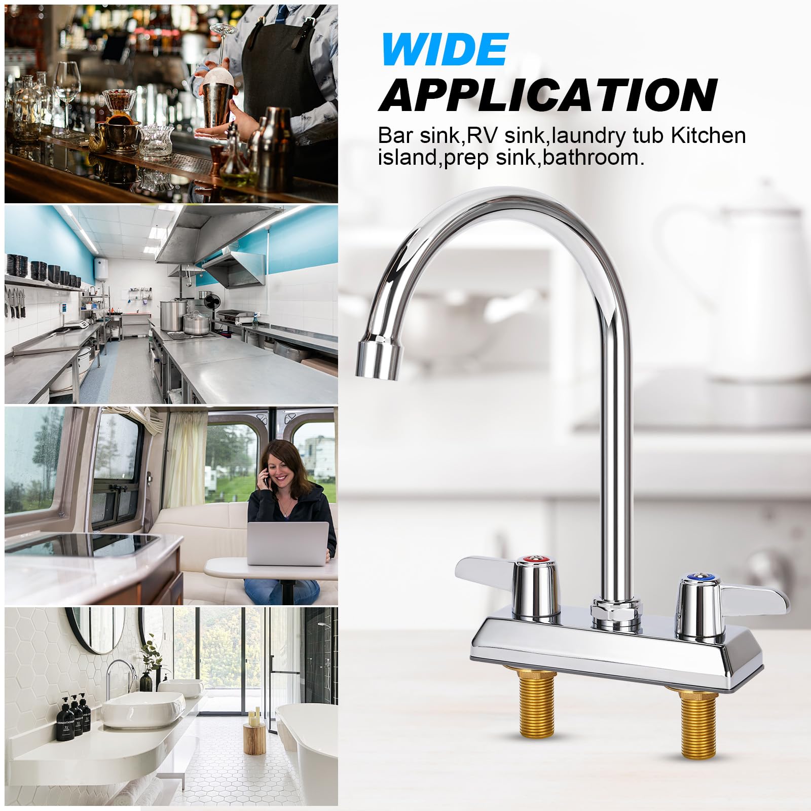 Bietor Commercial Bar Sink Faucet,4 Inch Center Deck Mount Utility Sink Faucet， 2 Hole Brass Constructed,Chrome Polished With 6" Gooseneck Spout And 90°Rotatable Dual Lever Handles.
