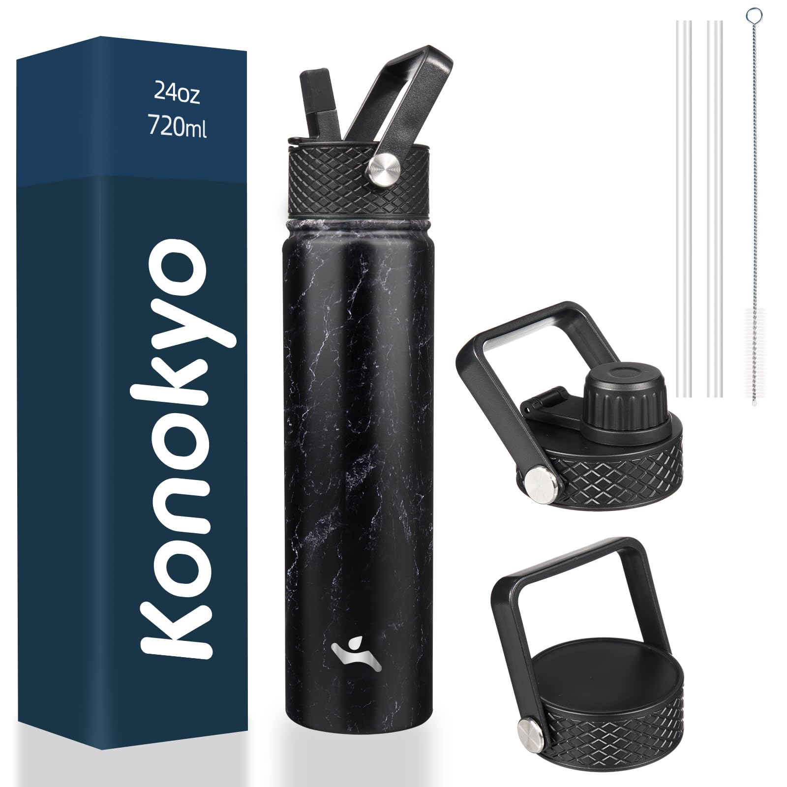 Insulated Water Bottle 24Oz Stainless Steel Sport Bottles With 3 Lids,Marble Midnight