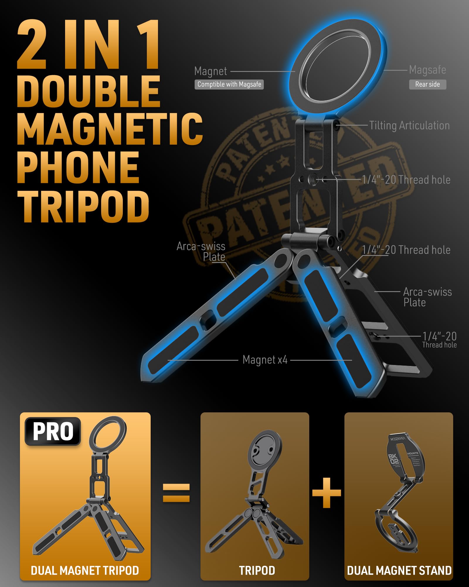 Mosenvka Dual Magnetic Phone Tripod Foldable Double Magnet Mount Pocket Cell Phone Stand Handle Stick For Iphone 16/15/14/13/12 Plus Max For Ipad Travel Gym Magnetic Tripod [Us Patent Registered]