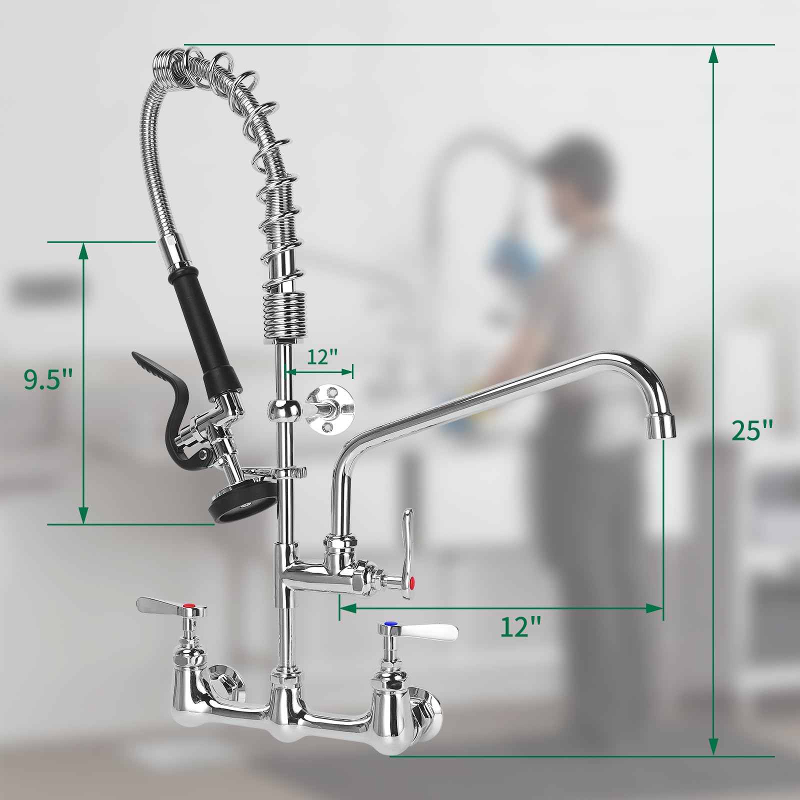 Kwode Commercial Kitchen Faucet Wall Mount With Pre Rinse Sprayer, 25” Height 8” Adjustable Center Wall Mount Restaurant Sink Faucet With 12” Swivel Add-On Spout And Pull Down Sprayer