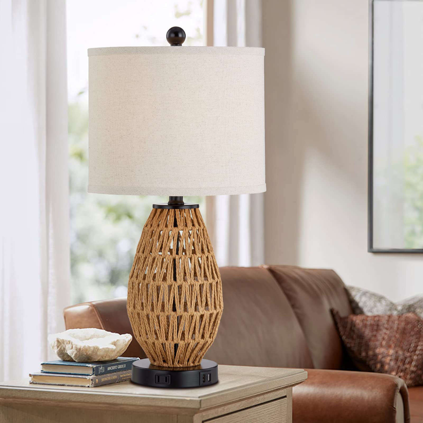 Cinsary Touch Control Rattan Table Lamps, 3 Way Dimmable Bedside Lamps For Bedroom With 2 Usb Ports And Ac Outlet, Wicker Nightstand Lamps For Living Room Home Office (Led Bulbs Included)