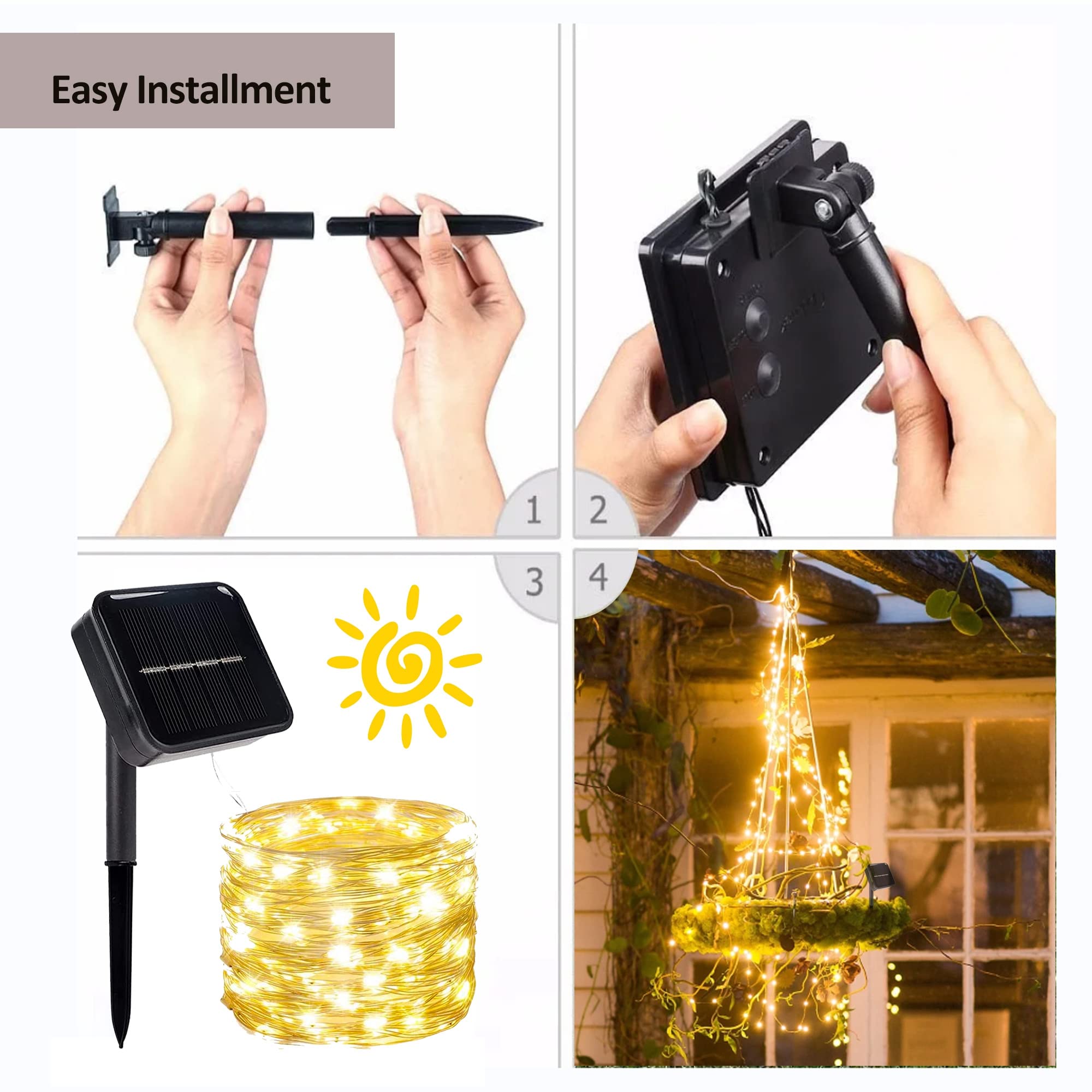 Kemooie 2 Packs Solar String Lights, Total 200 Led 66Ft 8 Twinkle Modes Warm White Solar Powered Fairy Lights, Waterproof For Outdoor, Tree, Garden, Christmas Decorations (Warm White)