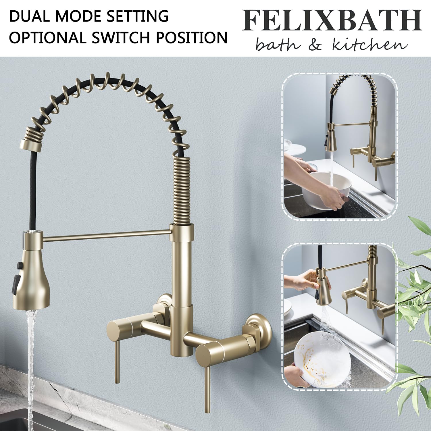 Felixbath Wall Mount Kitchen Faucet, 8 Inch Center Sink Faucet With Pull Down Sprayer, Commercial Faucet (Gold)