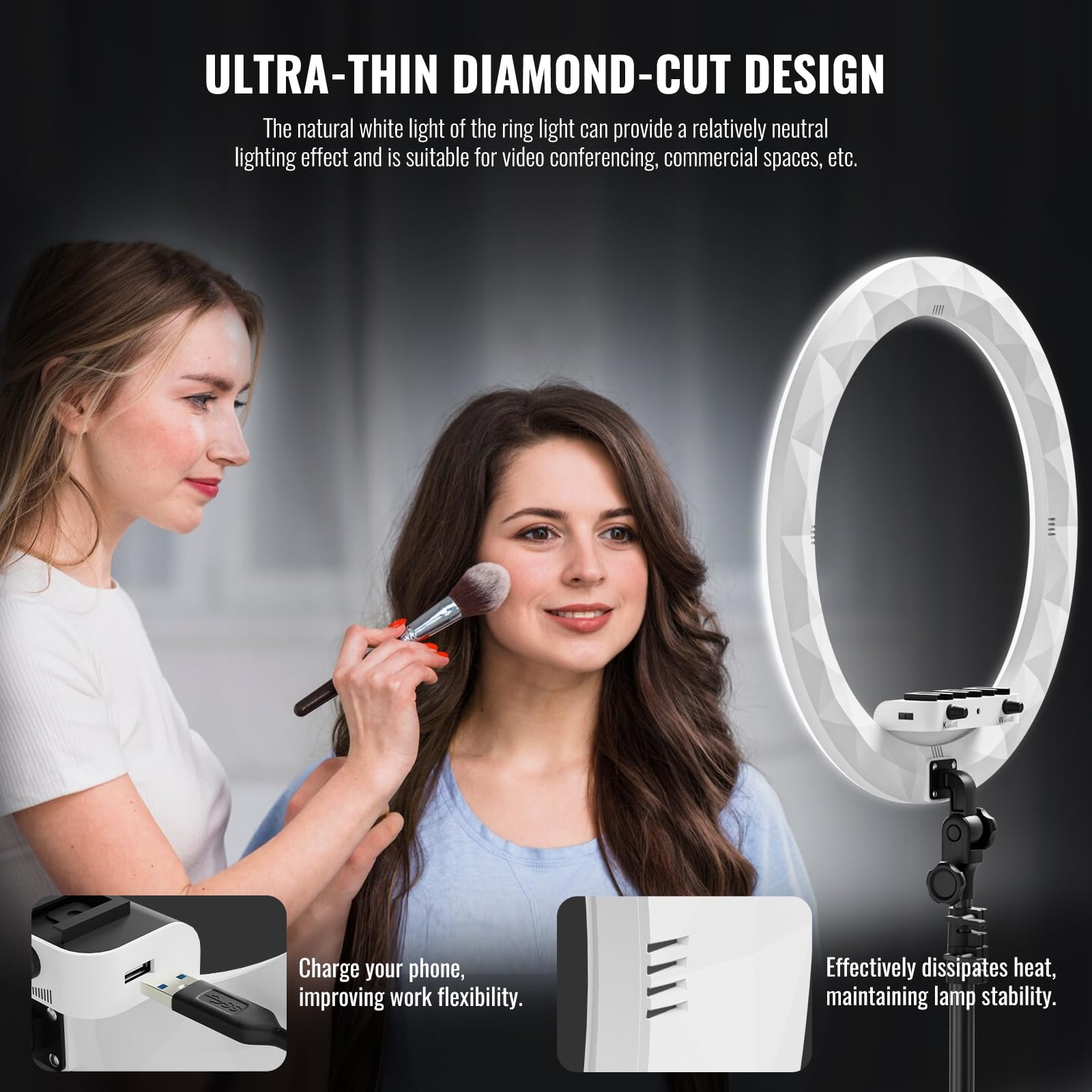Sh Ring Light With Stand, 19In Led Selfie Circle Light, Max 8Ft/2.5M Tripod Stand, 3 Holders For Iphone, Remote Control, 6300K Color Temperature For Live Streaming, Barber, Makeup, Youtube, Tiktok