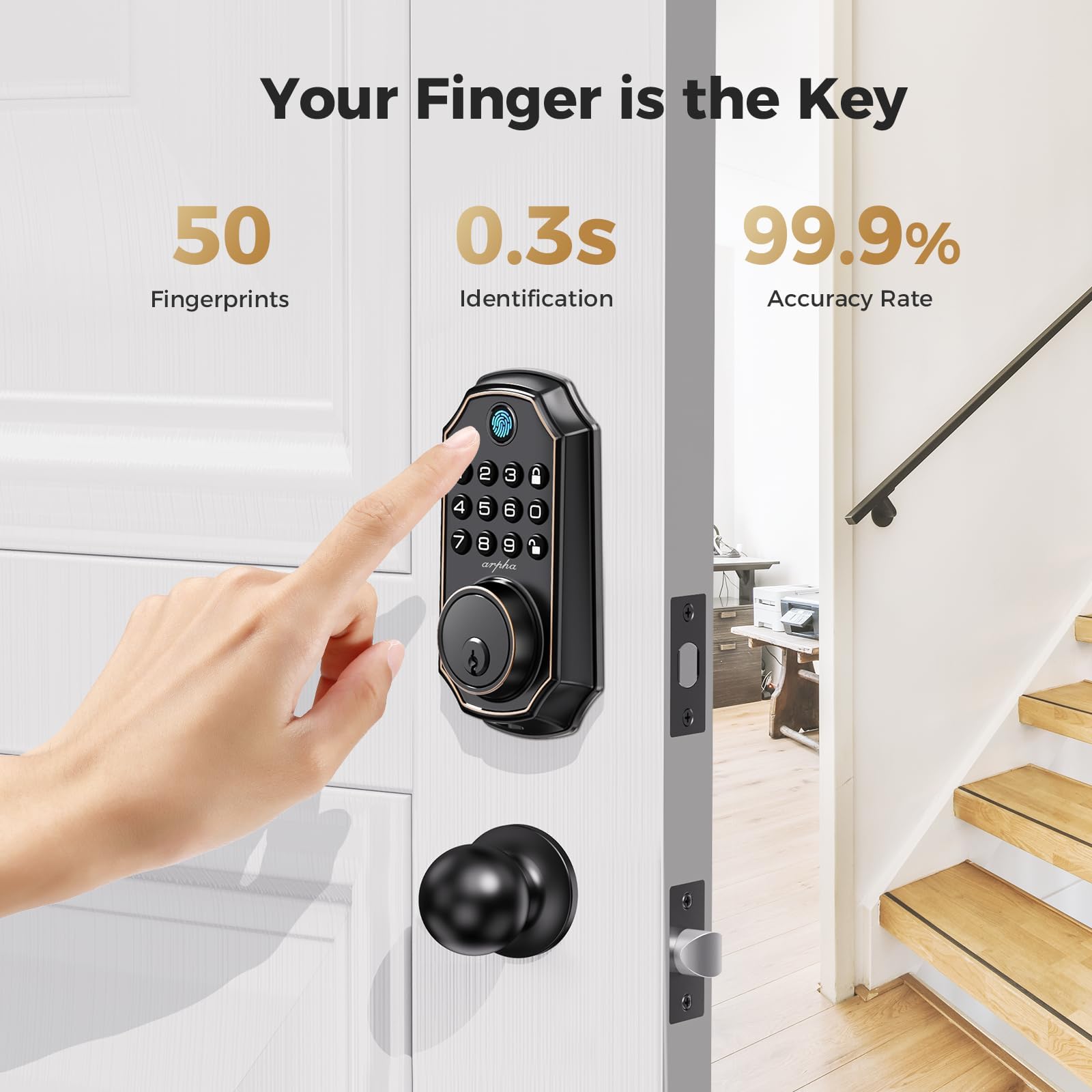Arpha Keyless Entry Door Lock Deadbolt With Handle Set - 100 Code Smart Fingerprint Door Lock With App Control, Anti-Peeping Password Auto Locks, One Time Code, Zinc Alloy Black