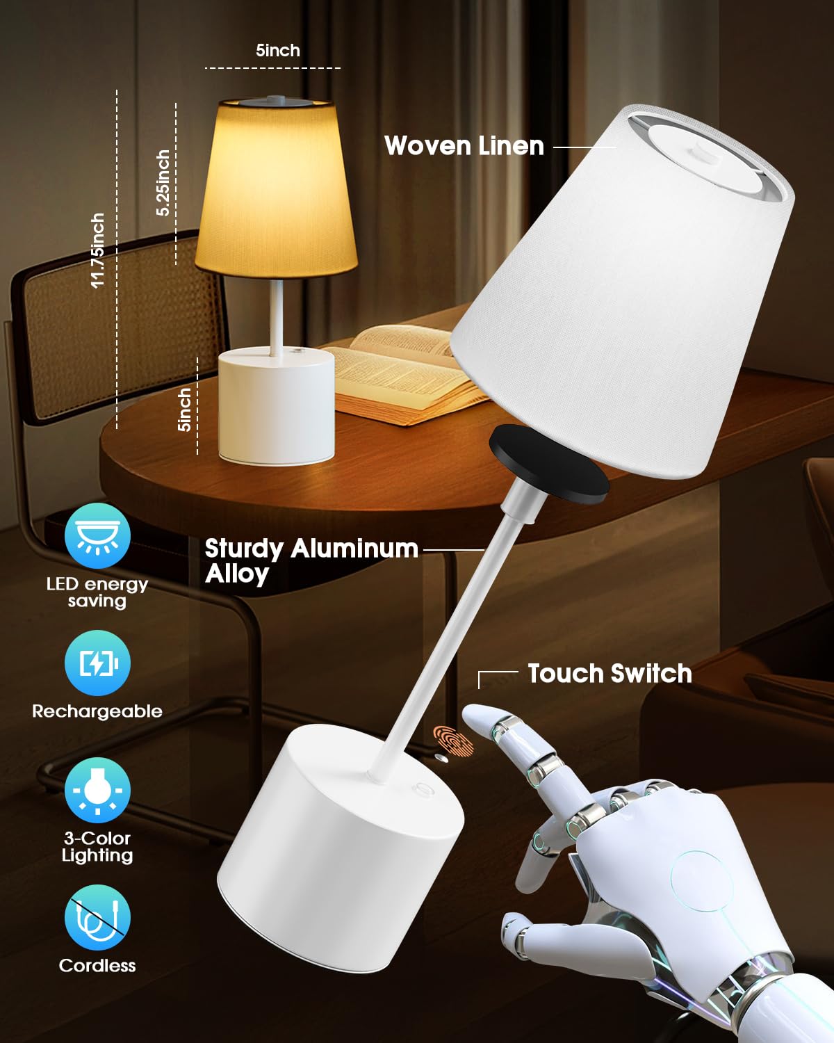 Swinerton Cordless Table Lamp, Rechargeable 5000Mah Battery With 3-Level Dimmer, Portable Led Desk Lamp For Living Room Bedside Bedroom Restaurant Bars Outdoor Party Camping Coffee Shop