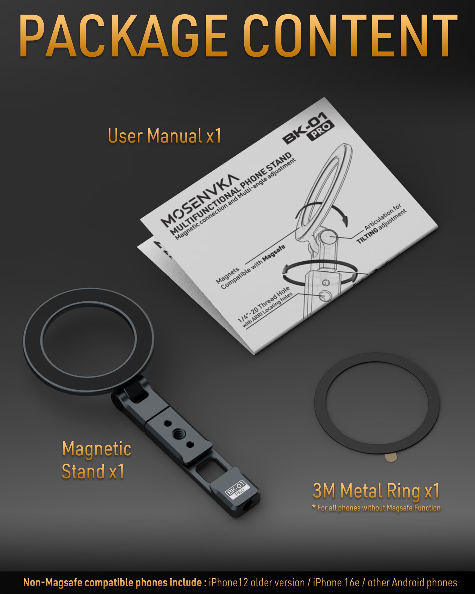 Mosenvka Magnetic Tripod Phone Mount, Phone Grip Stand, Strong Magnet,Foldable Ring Holder Magnetic Handy Kickstand With 1/4" Screw Hole&Cold Shoe Mount For Iphone 16/15/14/13/12/Tripod/Camera