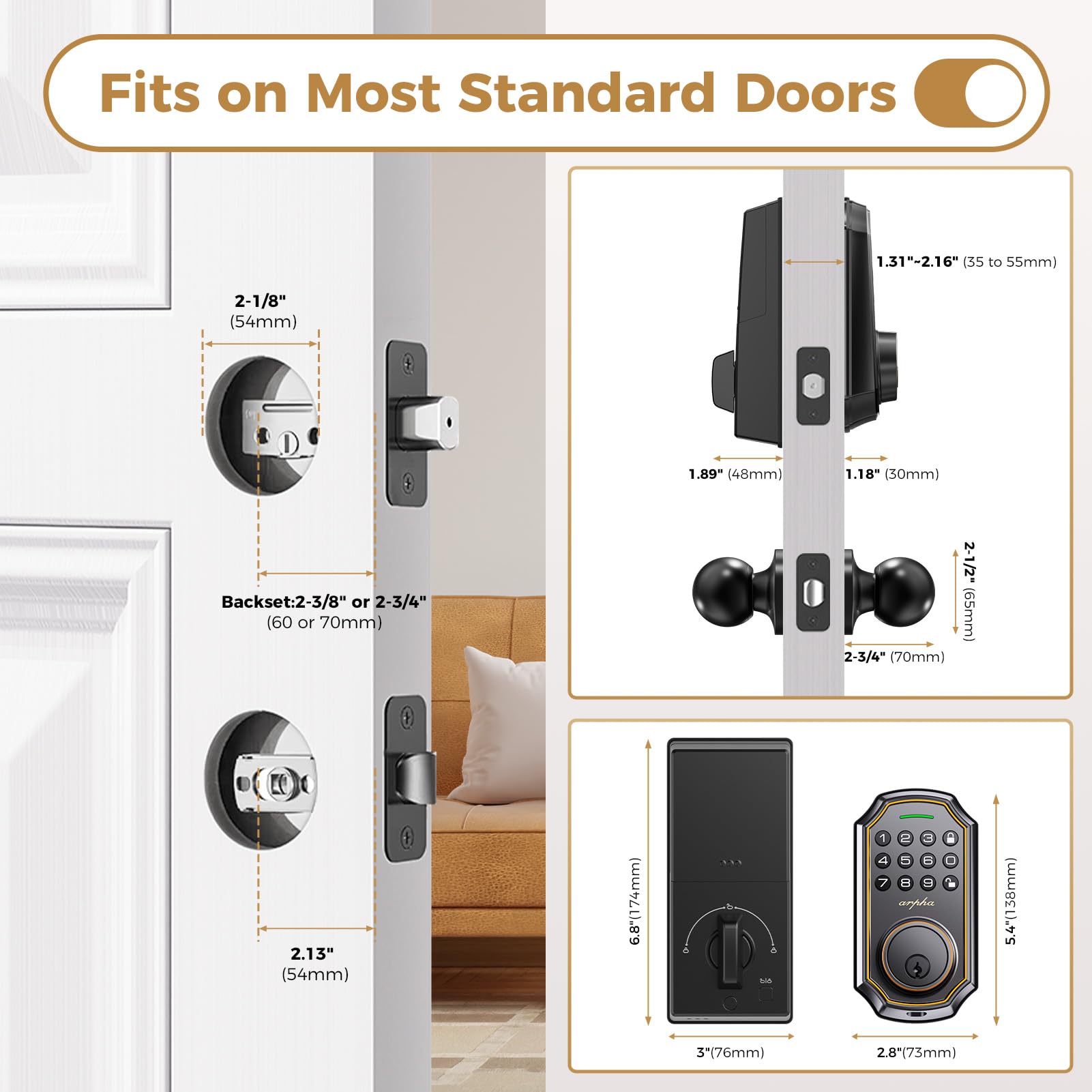 Arpha Smart Lock - Keyless Entry Door Lock With 2 Door Knobs, Electronic Deadbolt, App Control & Keypad Access, 100 Codes, Auto Lock, One-Time Code, Anti-Peep Password, Easy To Install For Front Door