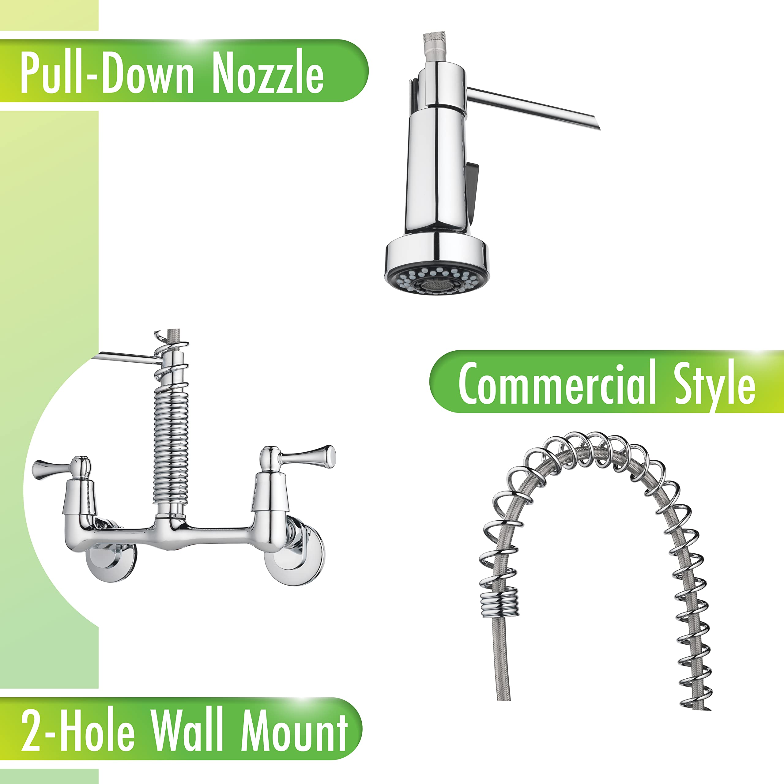 Tosca 255-K821-T Dual Handle Commercial Style Wall Mount Kitchen Faucet With Pull Down Nozzle - Chrome