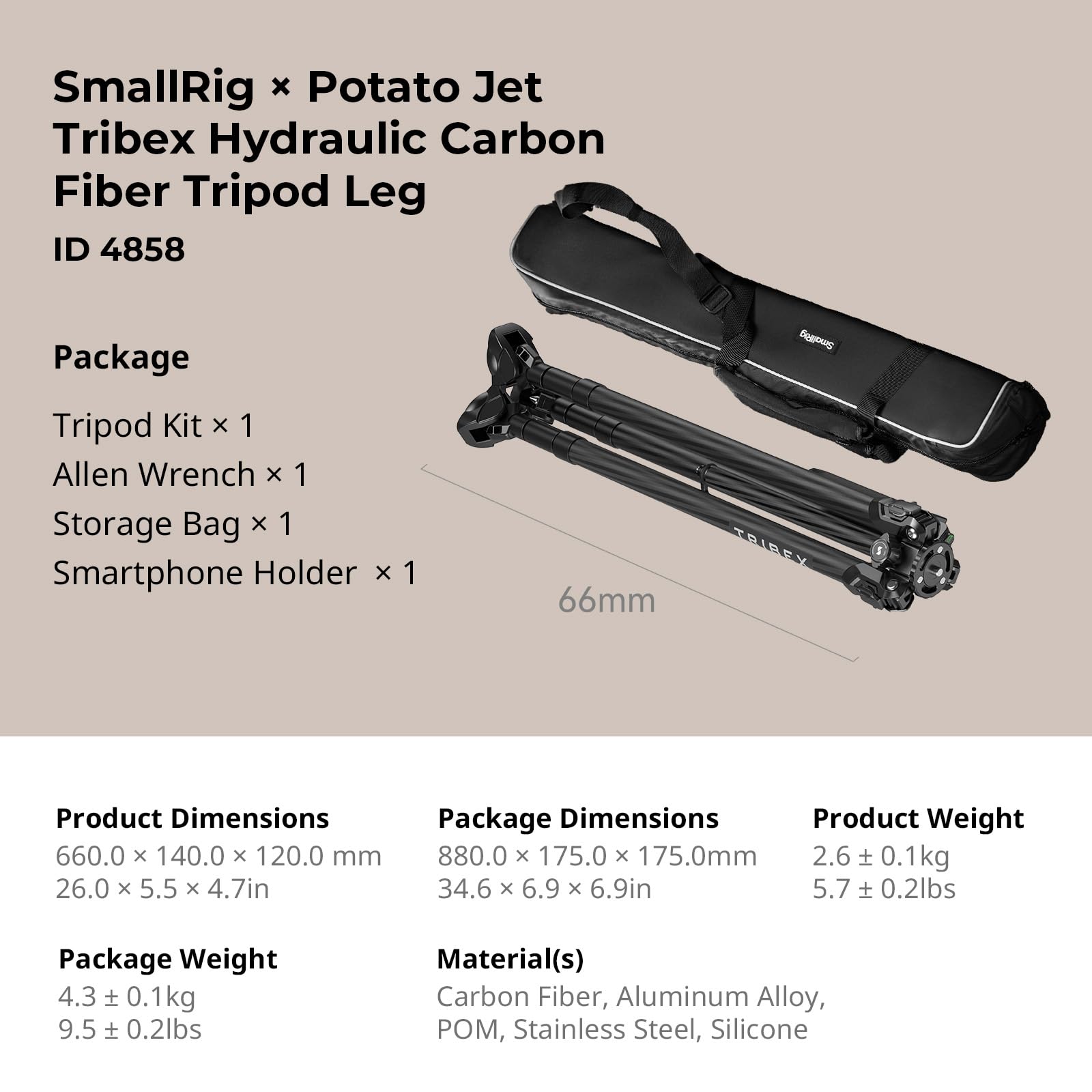 Smallrig X Potato Jet Tribex Hydraulic Carbon Fiber Tripod Fast Extend Camera Travel Tripod, Low Angle Photograph To 5.9In/15Cm, Max Height 61In/155Cm, Weight 5.7Lbs, Load Up 55Lbs - 4858