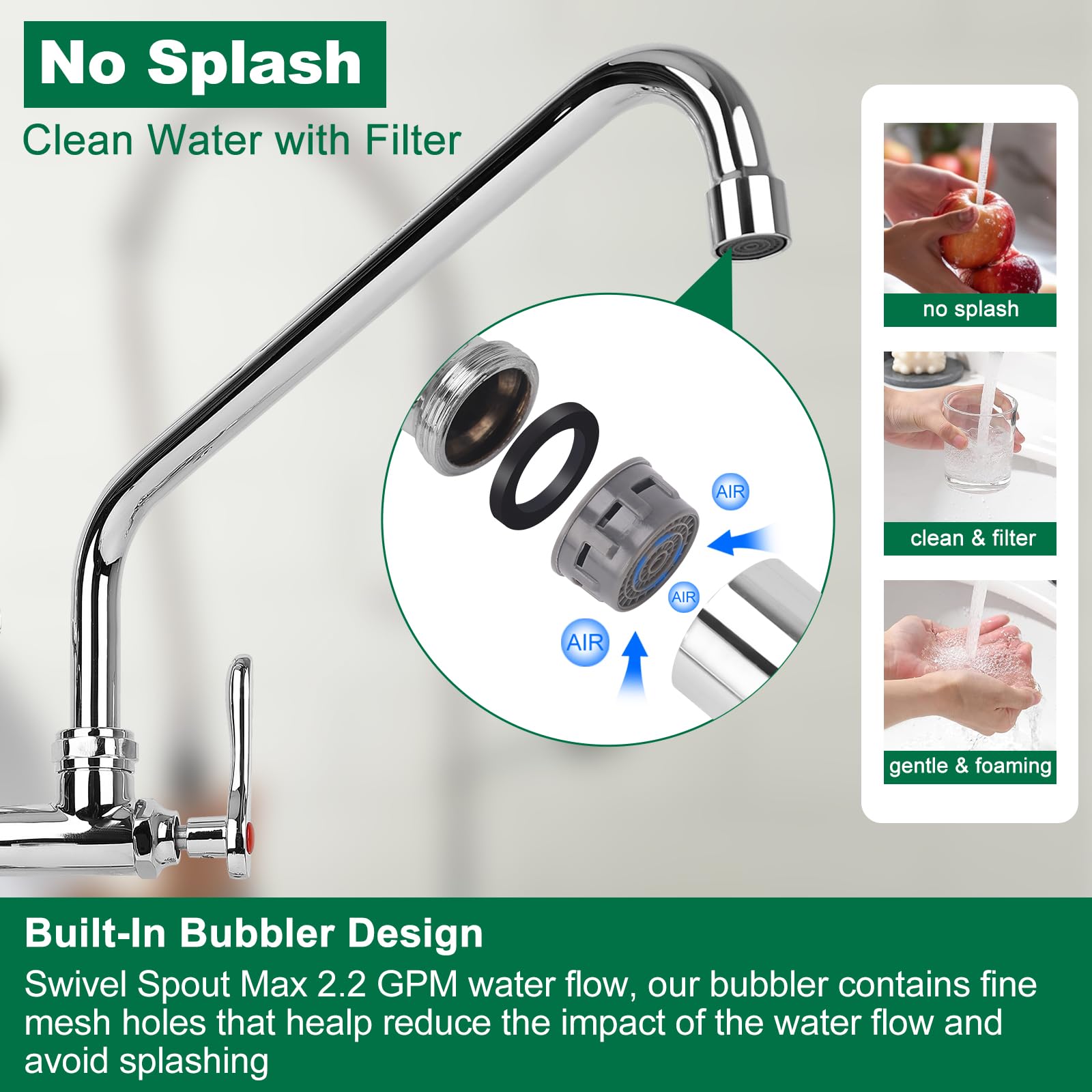 Kwode 36” Height Commercial Kitchen Faucet Wall Mount With Sprayer 8”Adjustable Center Restaurant Pre-Rinse Faucet With 12” Swing Spout And Pull Down Spray For 2/3 Compartment Sinks, Chrome Polished