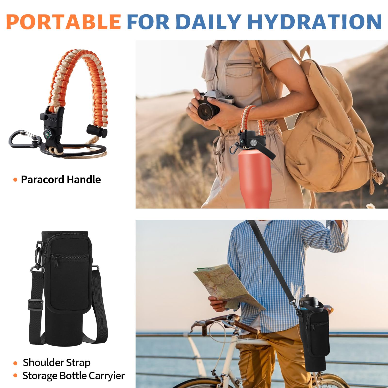 Insulated Water Bottle 40 Oz With Straw - Stainless Steel Tumbler W/Paracord Handle, Straw Lid