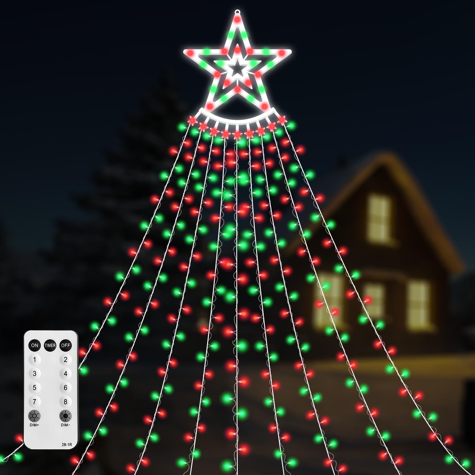 Vtznoj 350 Led Christmas Decorations Star String Lights Waterproof Waterfall Starlights 8 Light Modes Remote & Timer,Waterproof Seasonal Lighting Decor For Home Xmas Tree Yard Wedding Party (Red&Green)