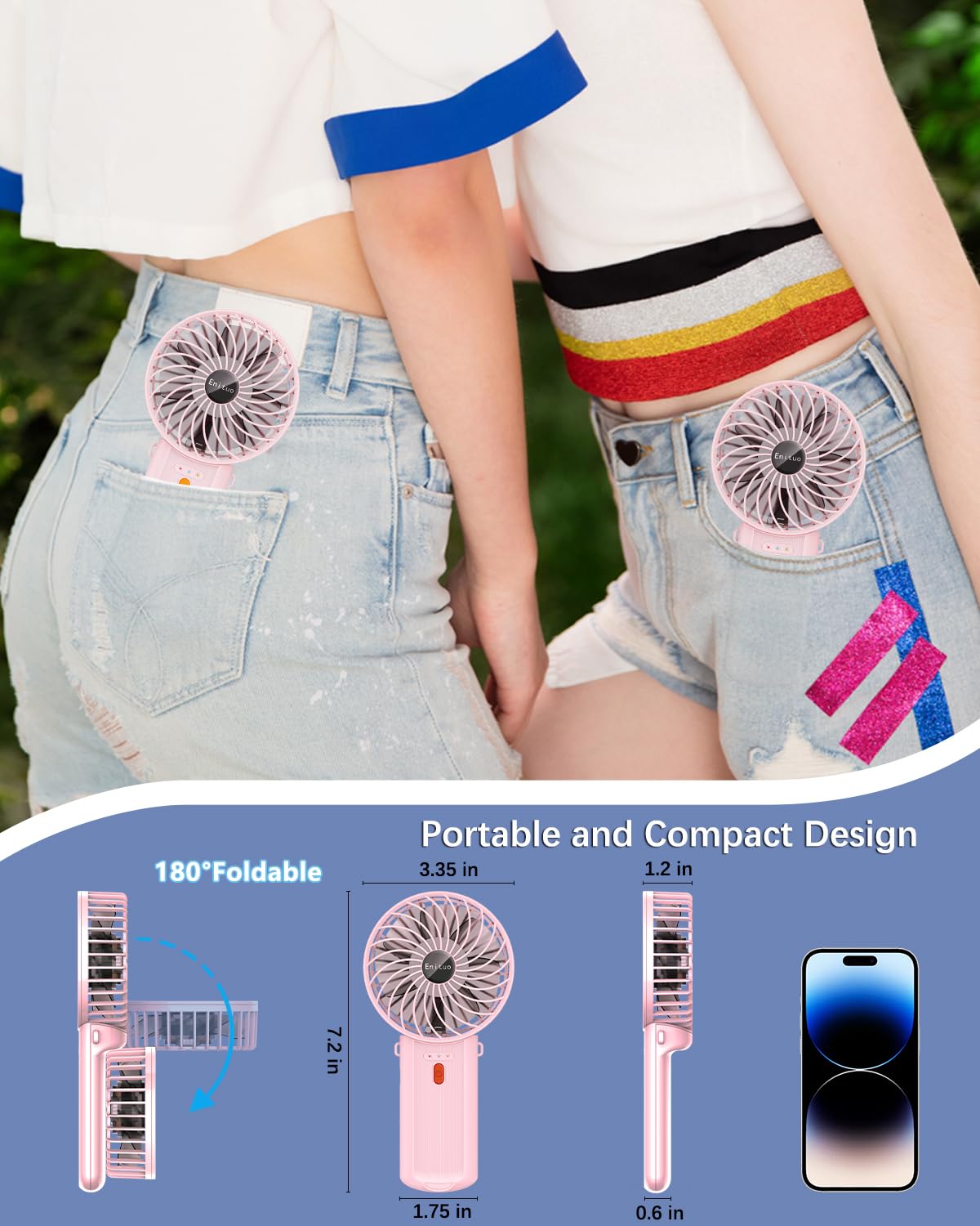 Portable Fan Handheld Fan, Mini Hand Held Fan, 6-15H Cooling Small Personal Fan, 180° Foldable Mini