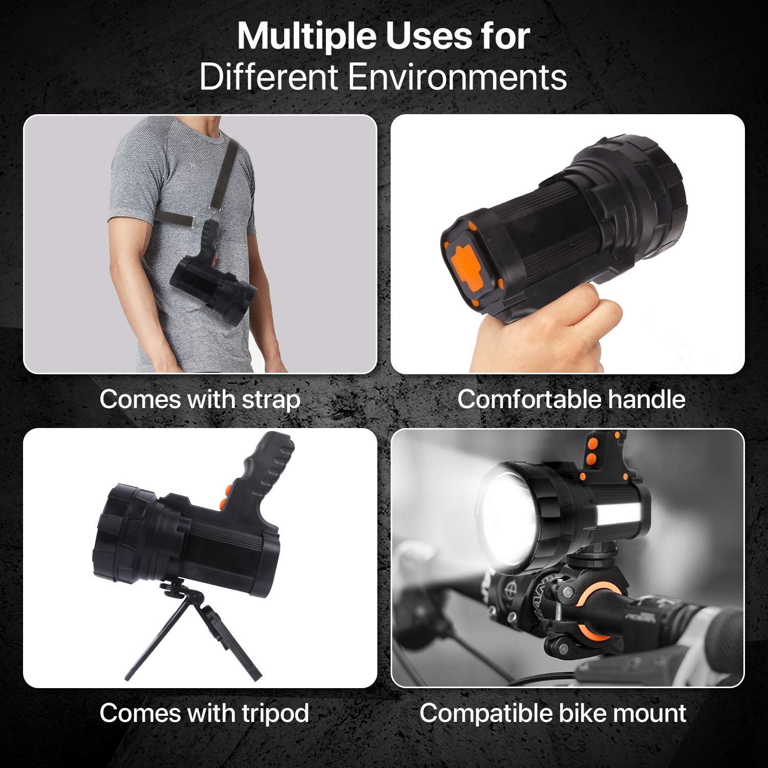 Cybbo Powerful Spotlight - Super Bright 6000 Lumen Rechargeable Flashlight With 3 Light Modes, Long Battery Life, Waterproof, Durable Abs & Aluminum Alloy Construction, Adjustable Tripod & Strap