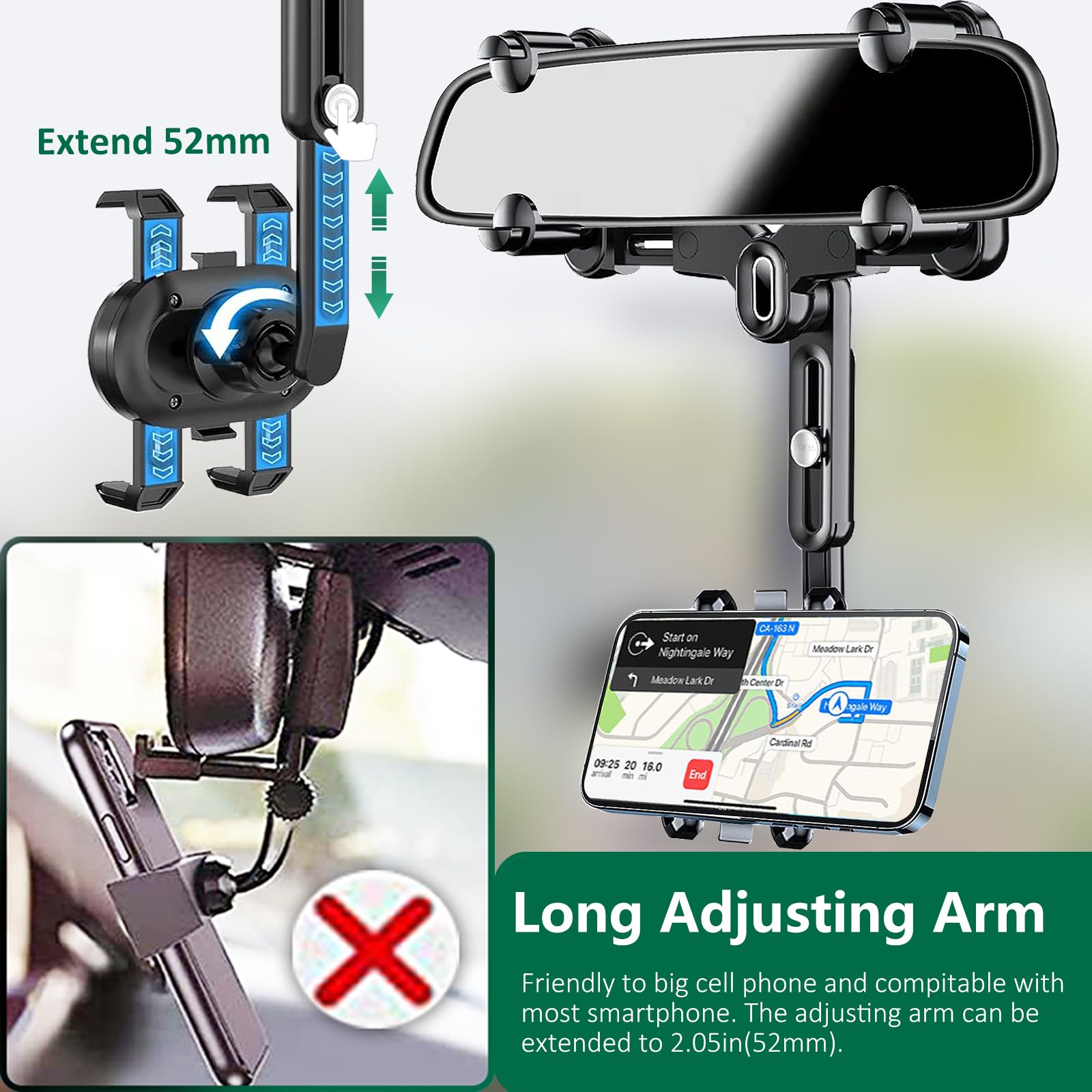Pkyaa Rearview Mirror Phone Holder For Car, 360° Rotating Rear View Mount With Adjustable Arm Length,  Four Corners Fixed Anti-Shake Multifunctional Design For All Smartphones