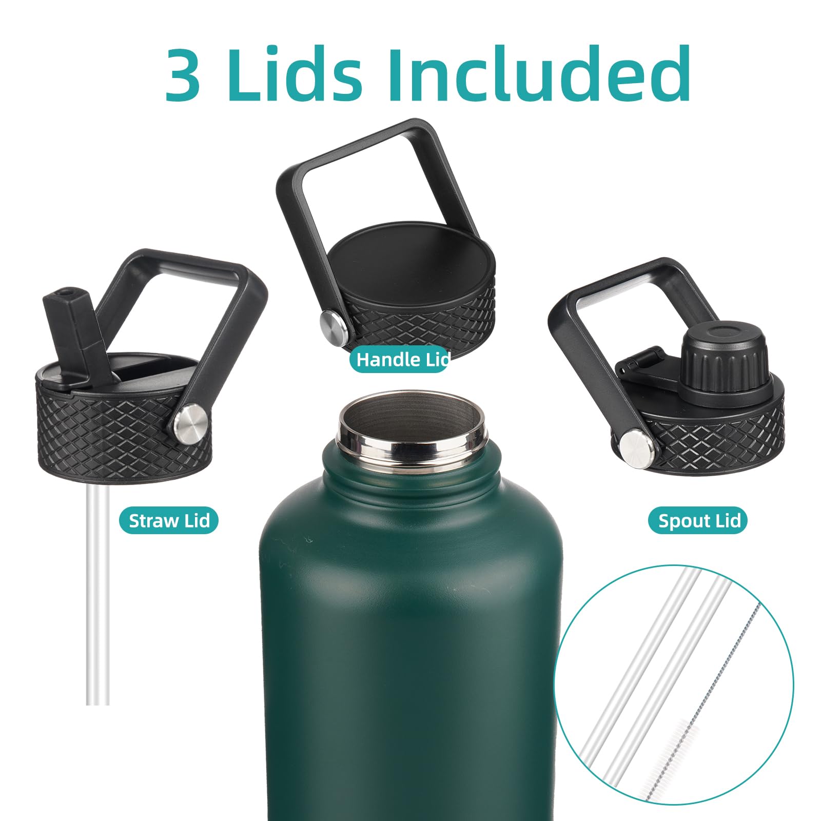 Half Gallon Insulated Water Bottle With Straw,64 Oz 3 Lids Water Jug With Carrying Bag,Paracord