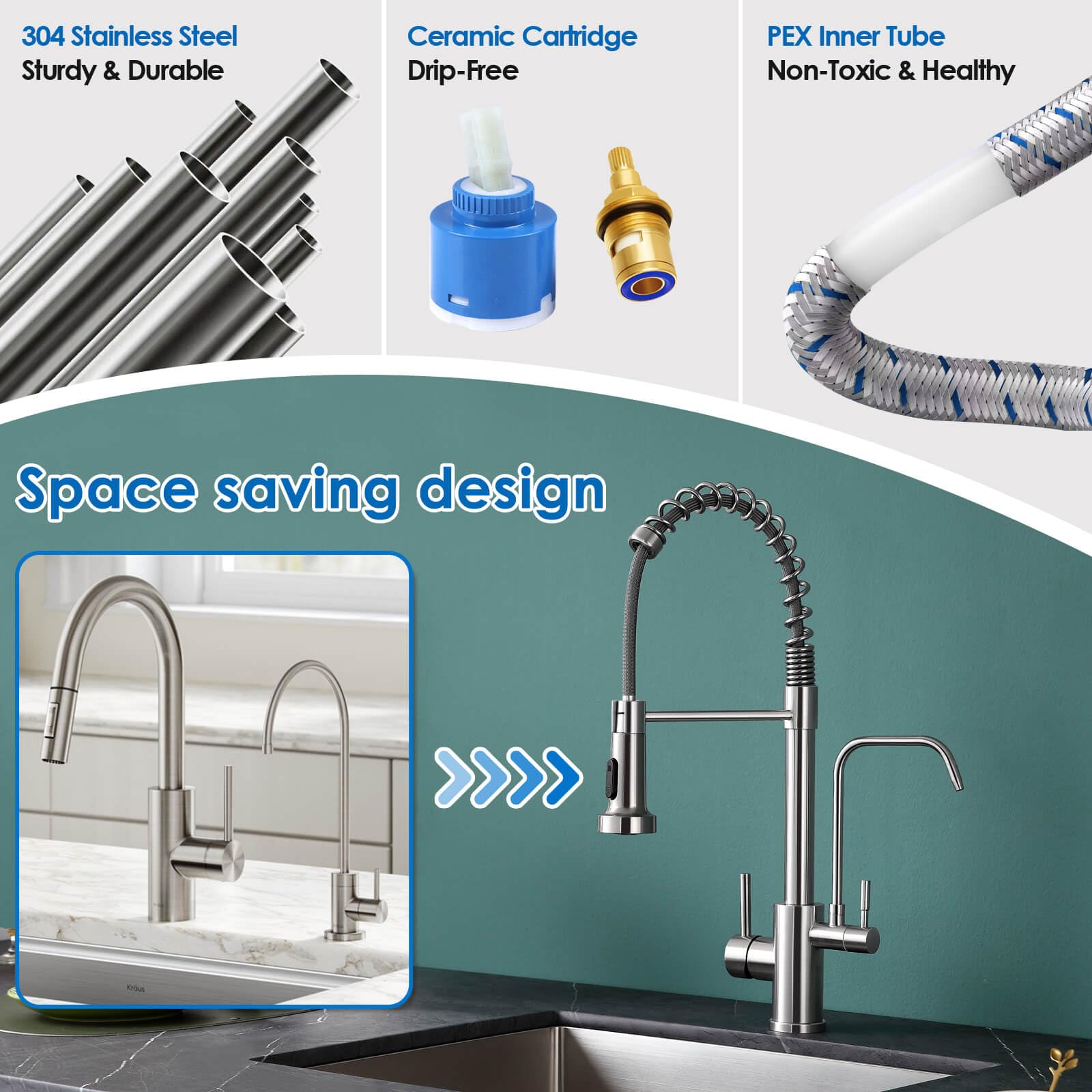 Rovogo Kitchen Sink Faucet With Filtered Water Dispenser And Pull Down Sprayer, Dual Handle Single Hole Stainless Steel Spring Faucet, Brushed