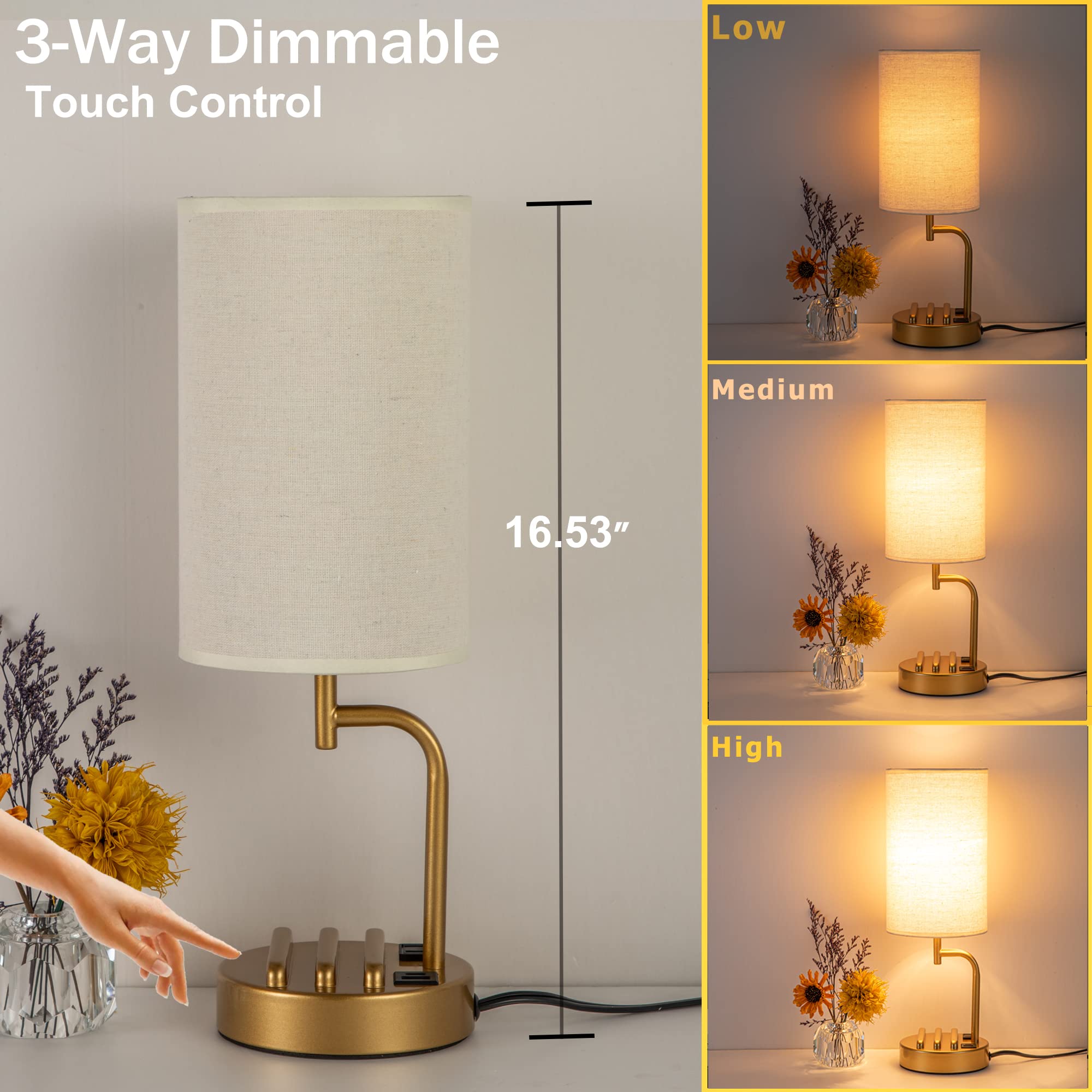 Dreamholder Touch Control Usb Table Lamp, 3-Way Dimmable Bedside Desk Lamp With Usb C & A Charging Ports And Ac Outlet, Nightstand Lamp For Bedroom, Dimmable Bulb Included, Gold