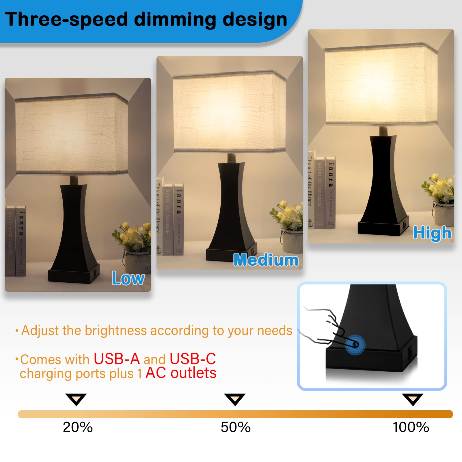 Oyedis Table Lamp For Bedroom 3-Way Dimmable Touch Control Bedside Lamp With Usb A+C Port & Ac Outlet 21.6" Tall Nightstand Lamp For Living Room Office And Hotel Bulb Included