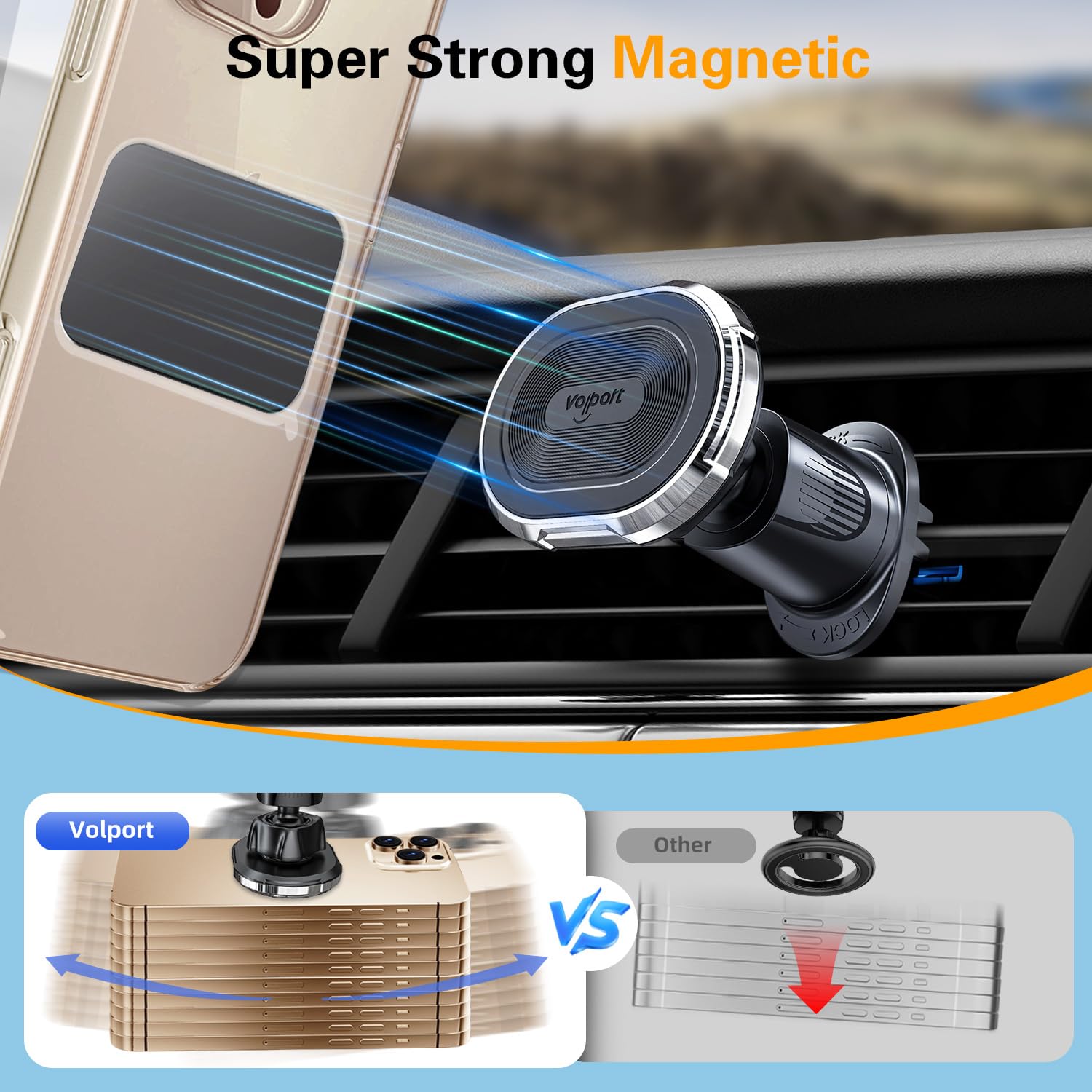 Volport Magnetic Car Mount Air Vent Cell Phone Holder, Universal Vehicle Dash Dashboard Ac Airvent Cellphone Magic Stand With Clip Hook, For Iphone 16 15 Samsung Lenovo Google Etc