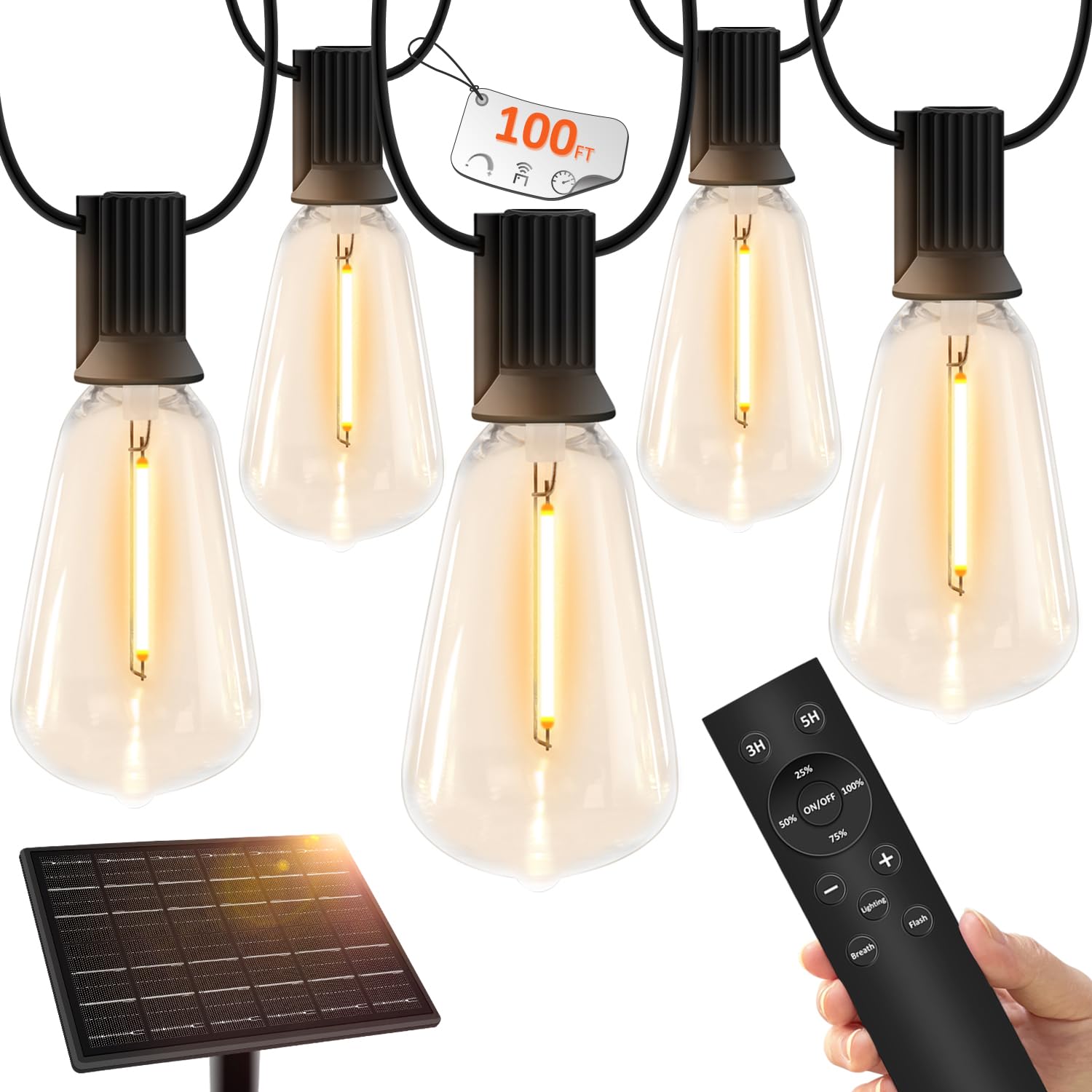 Yoyonacy 100 Ft Solar String Lights Outdoor Waterproof With Remote & Usb Port, Solar Power Patio Hanging Lights With Dimmer, Shatterproof Led Edison Bulb Outdoor String Lights For Outside Cafe Yard Fence