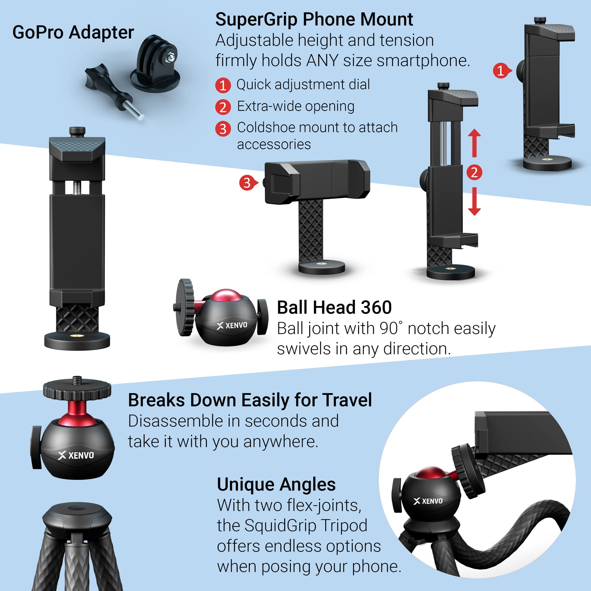 Xenvo Squidgrip Flexible Cell Phone Tripod And Portable Action Camera Holder - Compatible With Iphone, Gopro, Android, Samsung, Google Pixel And All Mobile Phones