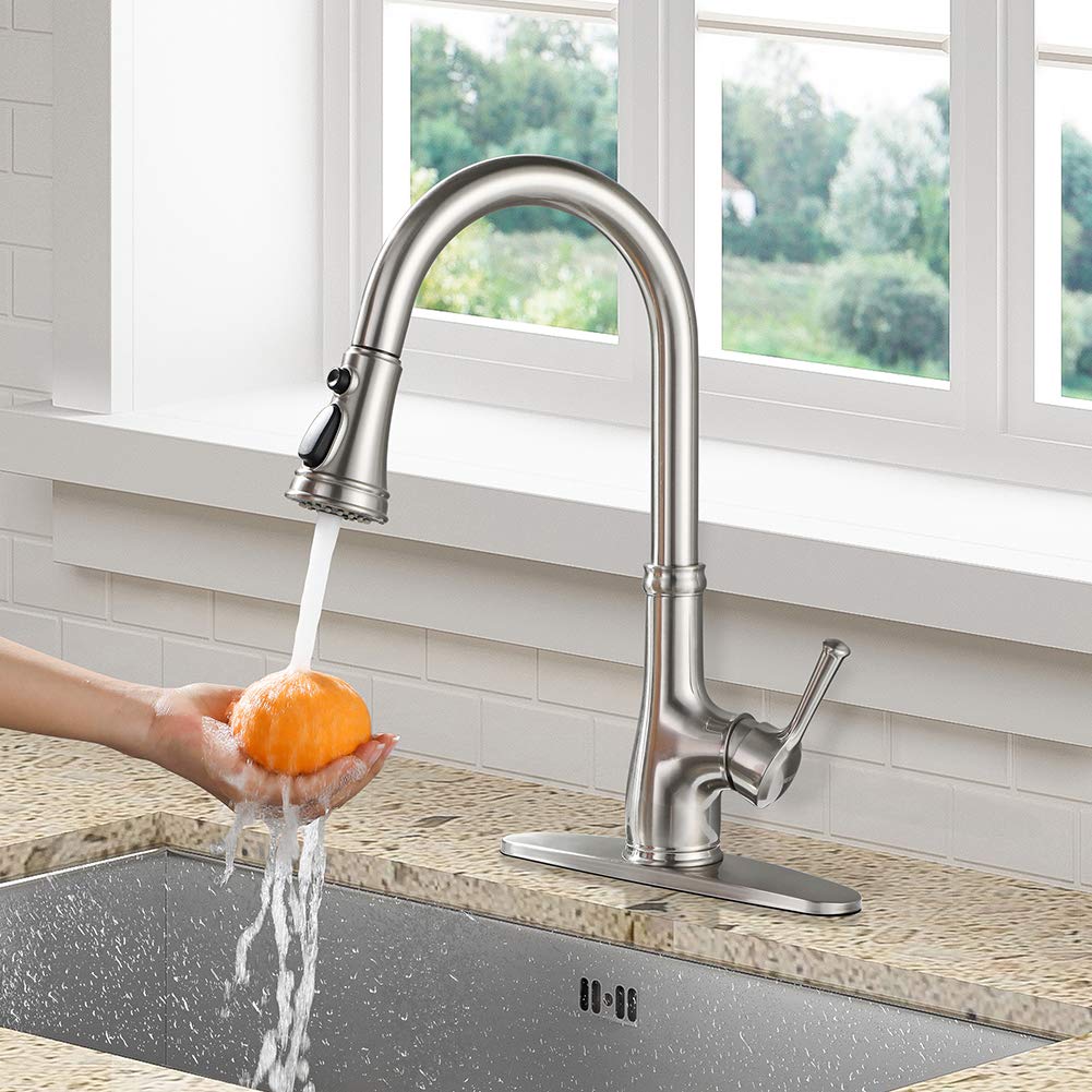 Wewe Kitchen Faucet-Single Handle Stainless Steel Brushed Nickel Pull Down Kitchen Sink Faucet With Pull Out Sprayer
