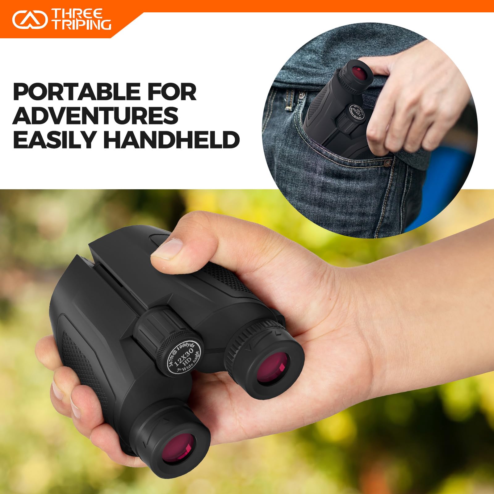 Three Triping 12X30 Compact Binoculars For Adults Kids, High Powered Lightweight Small Binoculars With Phone Adapter For Bird Watching Hiking Cruise Safari Viewing Football Sports Concert, Waterproof Bak4 Binocular