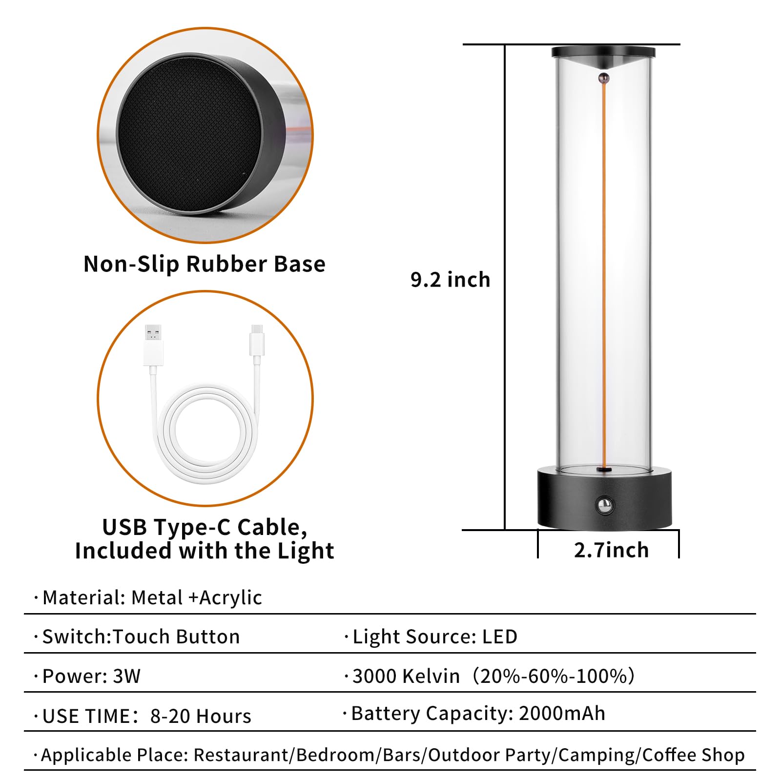 Mkiiach Cordless Portable Led Table Lamp， Rechargeable Battery Operated Desk Lamp With Touch Sensor, Three-Level Dimmable Suitable For Bars/Cafes/Restaurants/Bedrooms/Camping Sites. (Black)