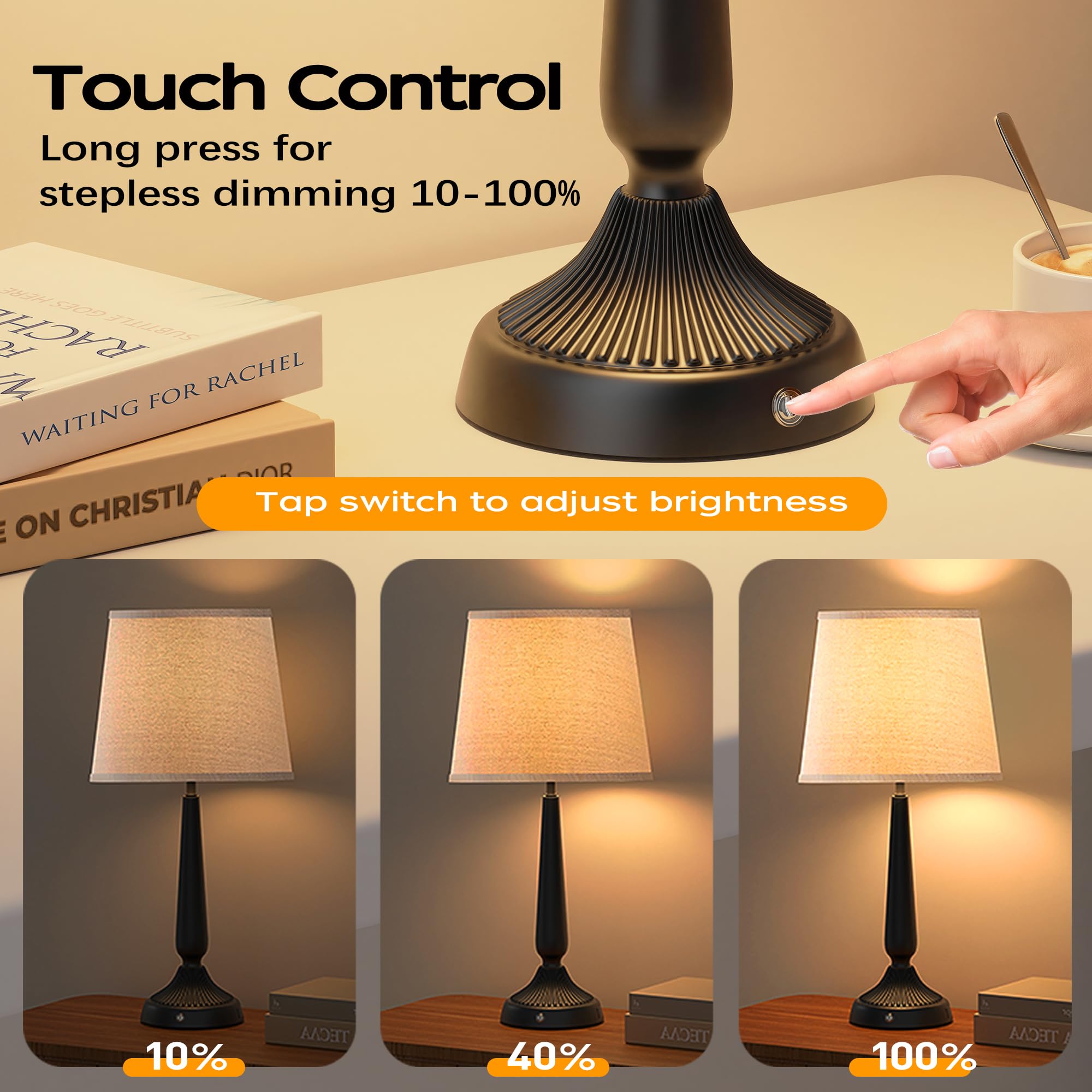Partphoner Cordless Table Lamp, 5000Mah Battery Rechargeable Touch Lamp, Wireless Led Lamps, 3-Level Brightness Bedside Lamps, Modern Black Iron Design, Desk Lamp For Patio Camping, Dining, Home